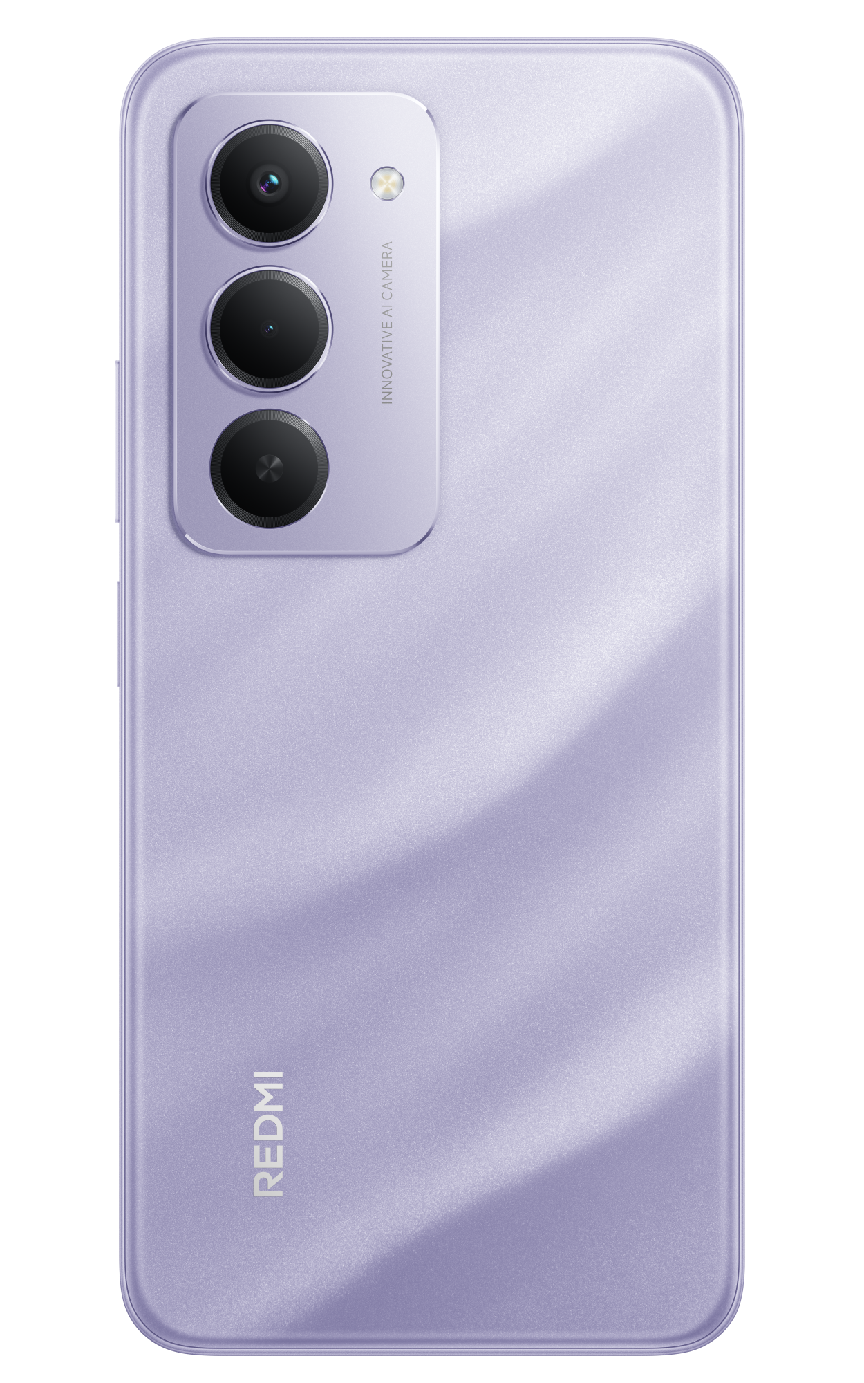 Fioletowy tył smartfona z trzema obiektywami i marką 'REDMI'. Tło jest czarne.