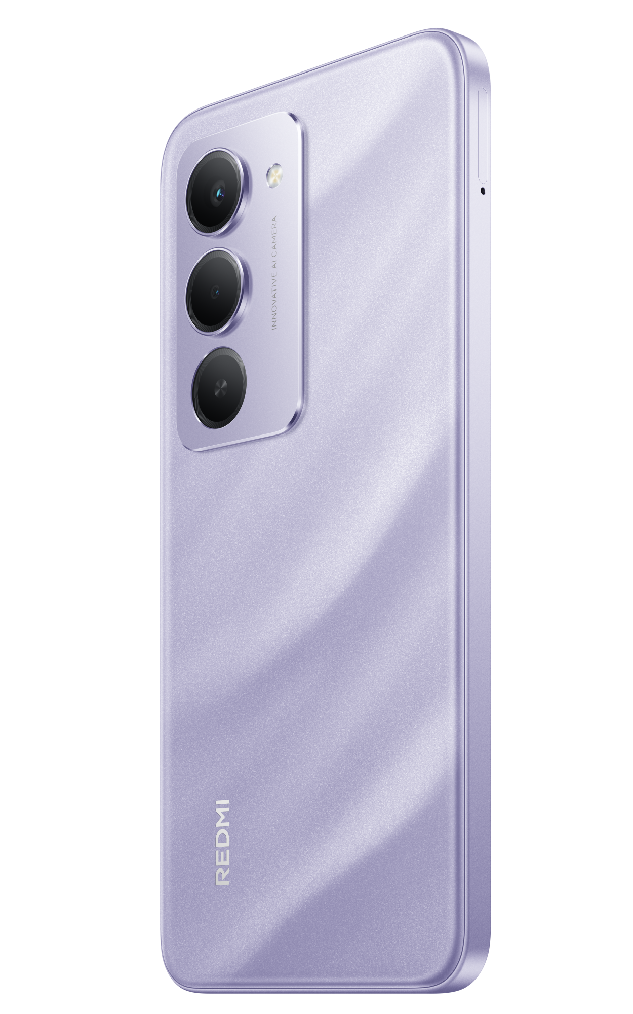 Fioletowy telefon Redmi jest pokazany z tyłu. Ma trzy aparaty, nazwę marki i elegancki design. Czarne tło.