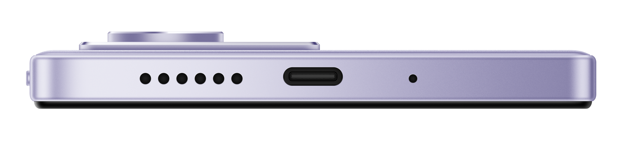 Widok z boku lawendowego smartfona z wypukłością aparatu, portami i czarnym tłem.