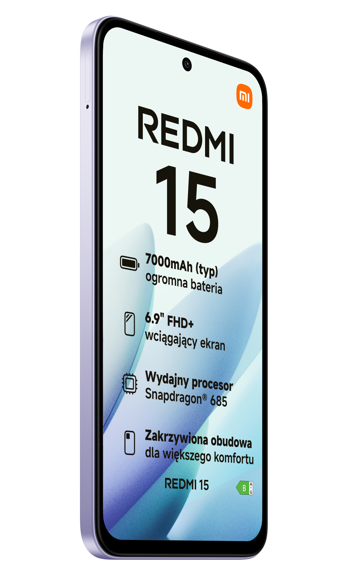 Smartfon z logo Redmi 15. Cechy: bateria 7000mAh, ekran 6,9" FHD+, procesor Snapdragon 685.