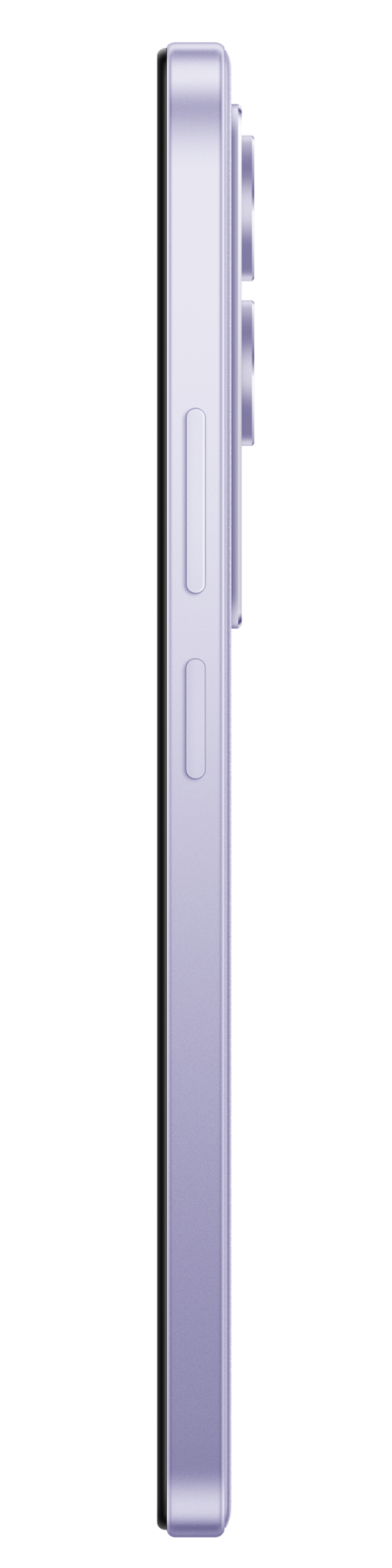 Widok z boku fioletowego smartfona z przyciskami i obiektywami aparatu. Tło jest czarne.