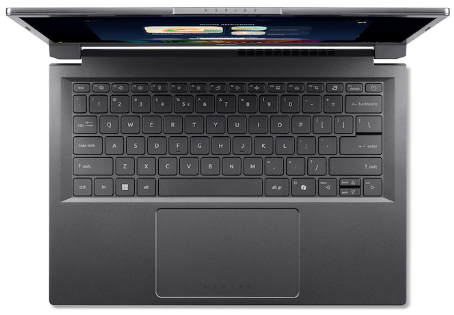 Vista superior de un portátil gris oscuro. La pantalla está abierta, mostrando una pantalla. El teclado es visible con teclas y un panel táctil.