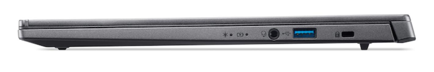 Vista lateral de un portátil gris oscuro cerrado, mostrando puertos y conectores, incluido un puerto USB y una toma de auriculares.