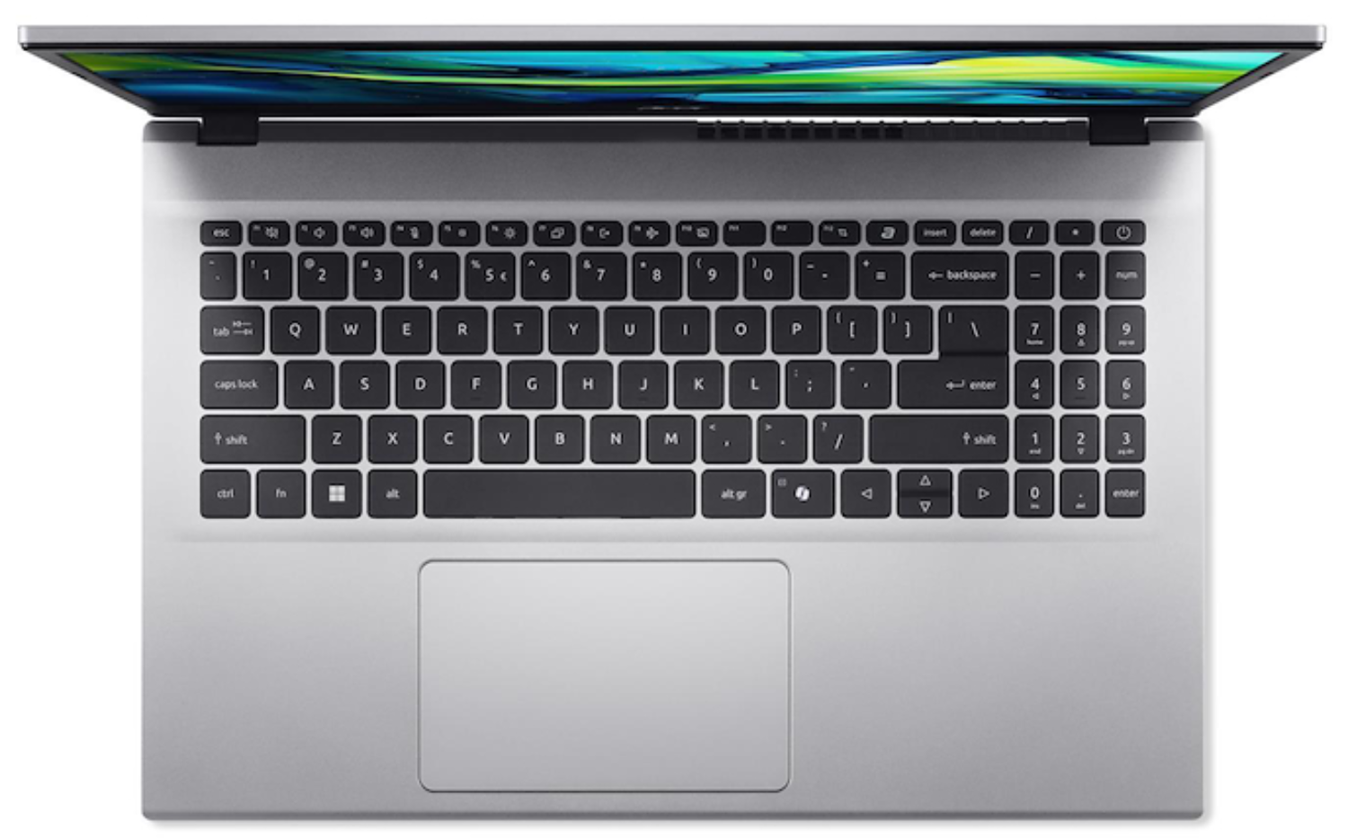 Vista superior de una computadora portátil plateada con teclado visible. La pantalla está ligeramente abierta, mostrando una imagen colorida.