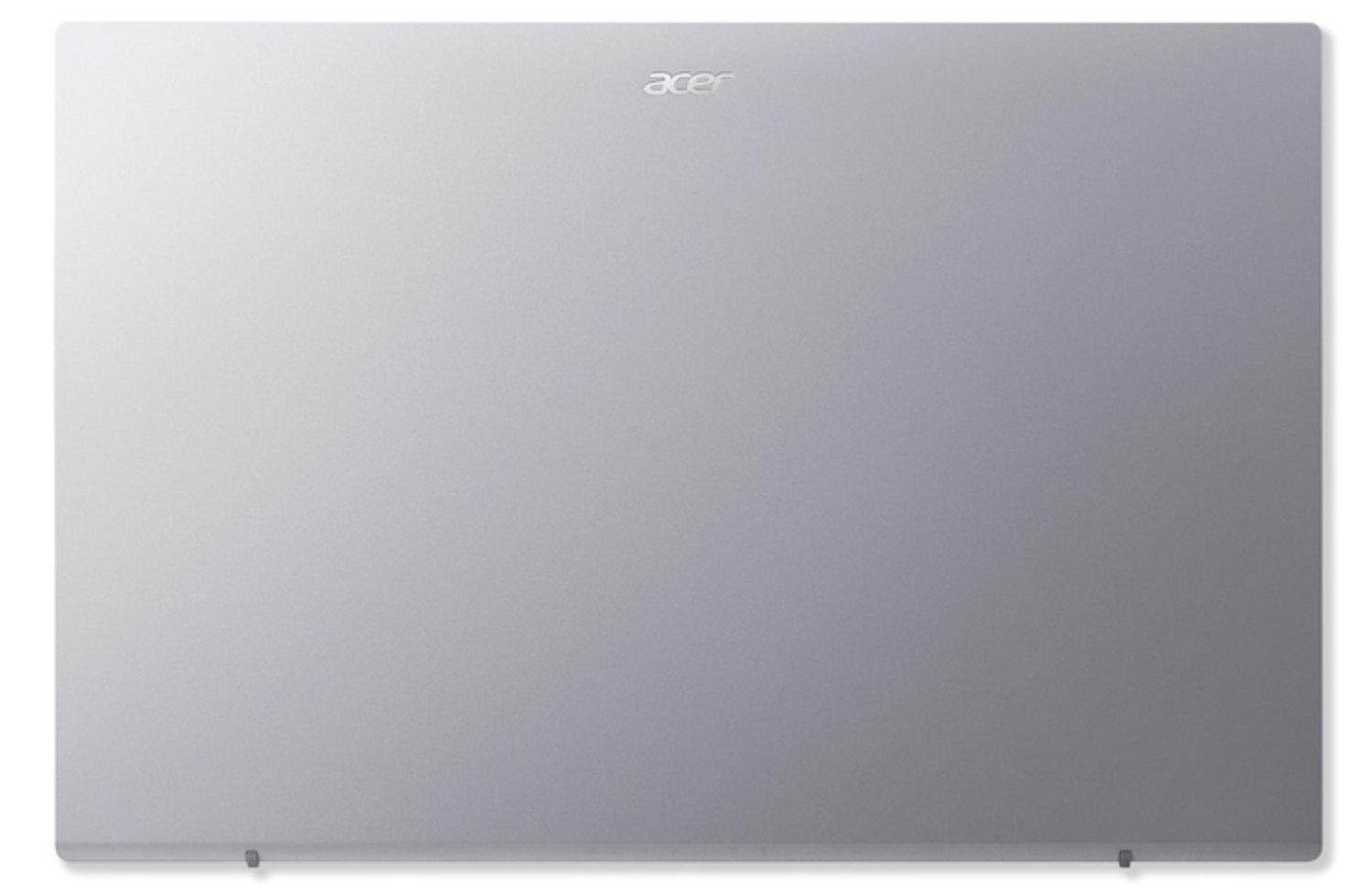Tapa de portátil plateada con el logotipo 'acer' en la parte superior. Es lisa con una superficie suave. La parte inferior tiene dos pequeños pies.