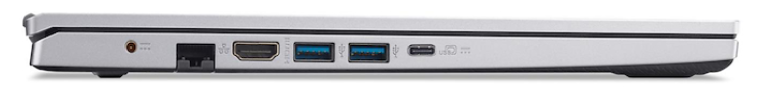 Lateral de portátil plateado con puertos: alimentación, Ethernet, HDMI, USB, USB-C y símbolos USB.