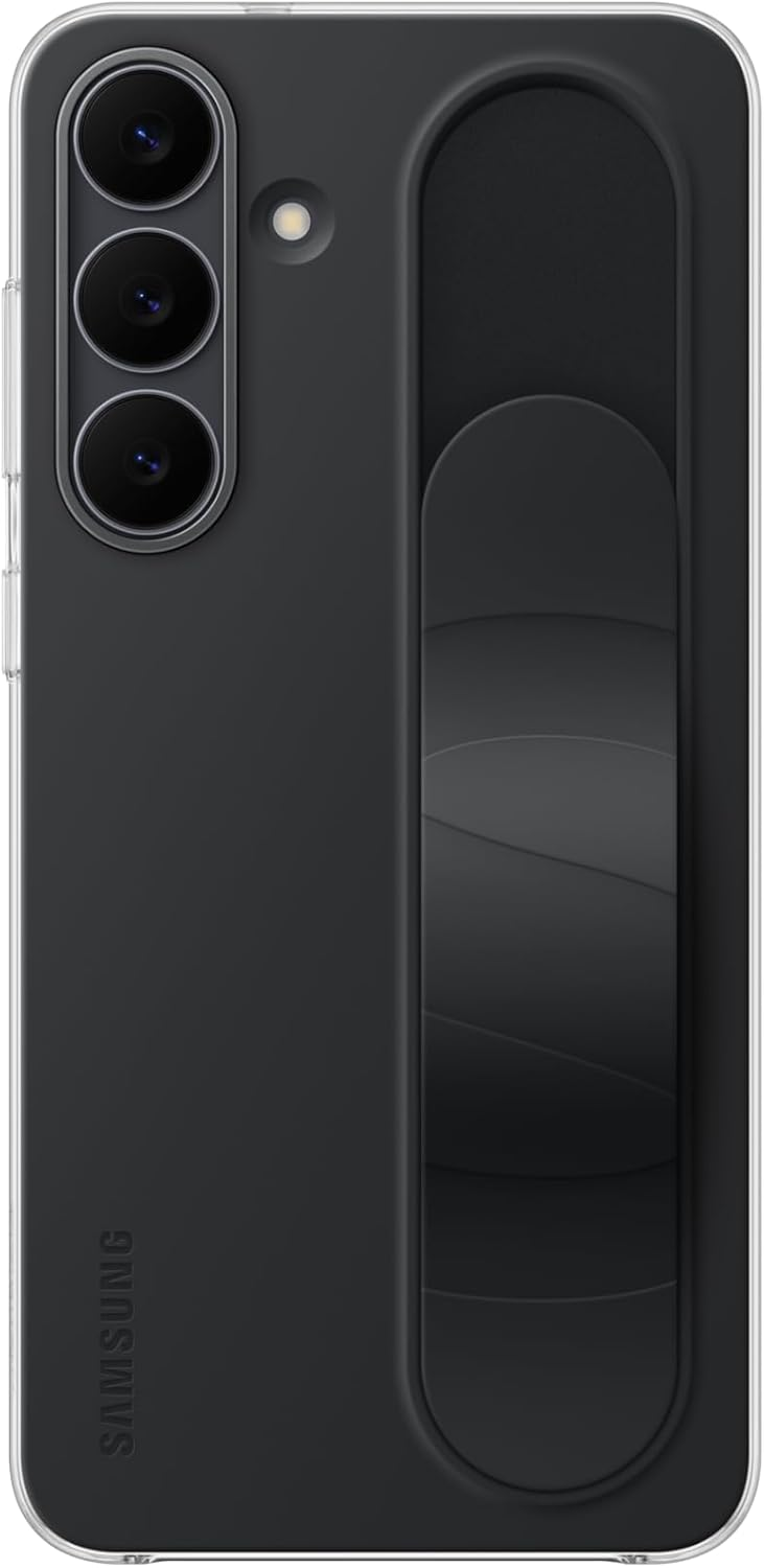 Eine schwarze Handyhülle mit Griff. Sie hat drei Kameras, einen Blitz und das Samsung-Logo. Der Griff hat ein gebogenes Design.