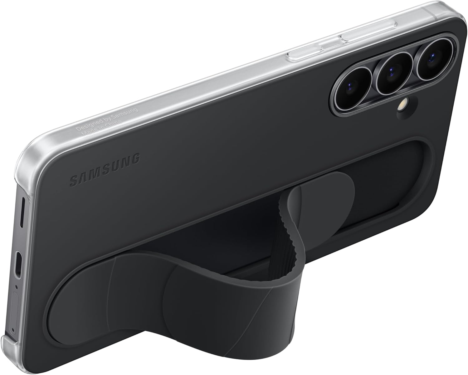 Eine schwarze Handyhülle mit Ständer. Sie hat einen silbernen Rahmen und drei Kameralinsen. Das Samsung-Logo ist sichtbar.
