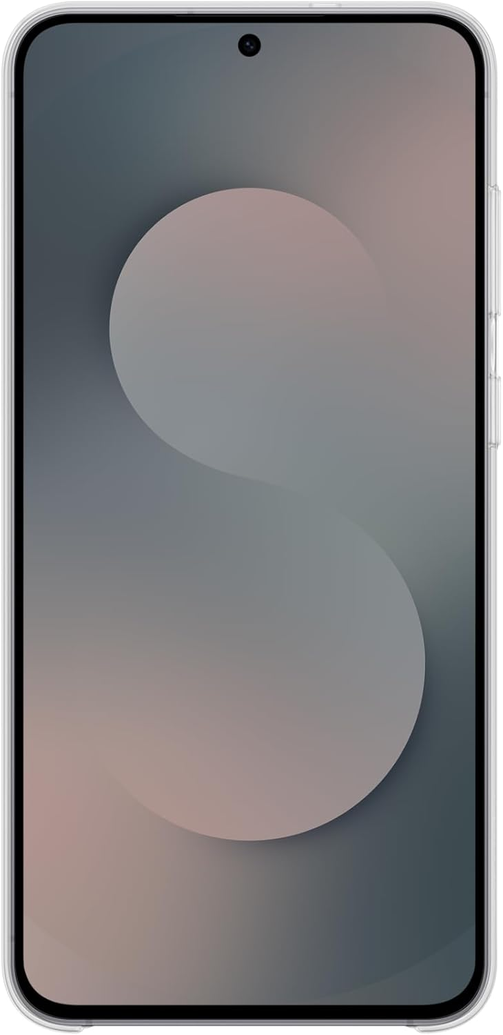 Ein Smartphone mit durchsichtiger Hülle, das einen Farbverlaufshintergrund in Grau und Rosa zeigt. Der Bildschirm hat eine Kamera.