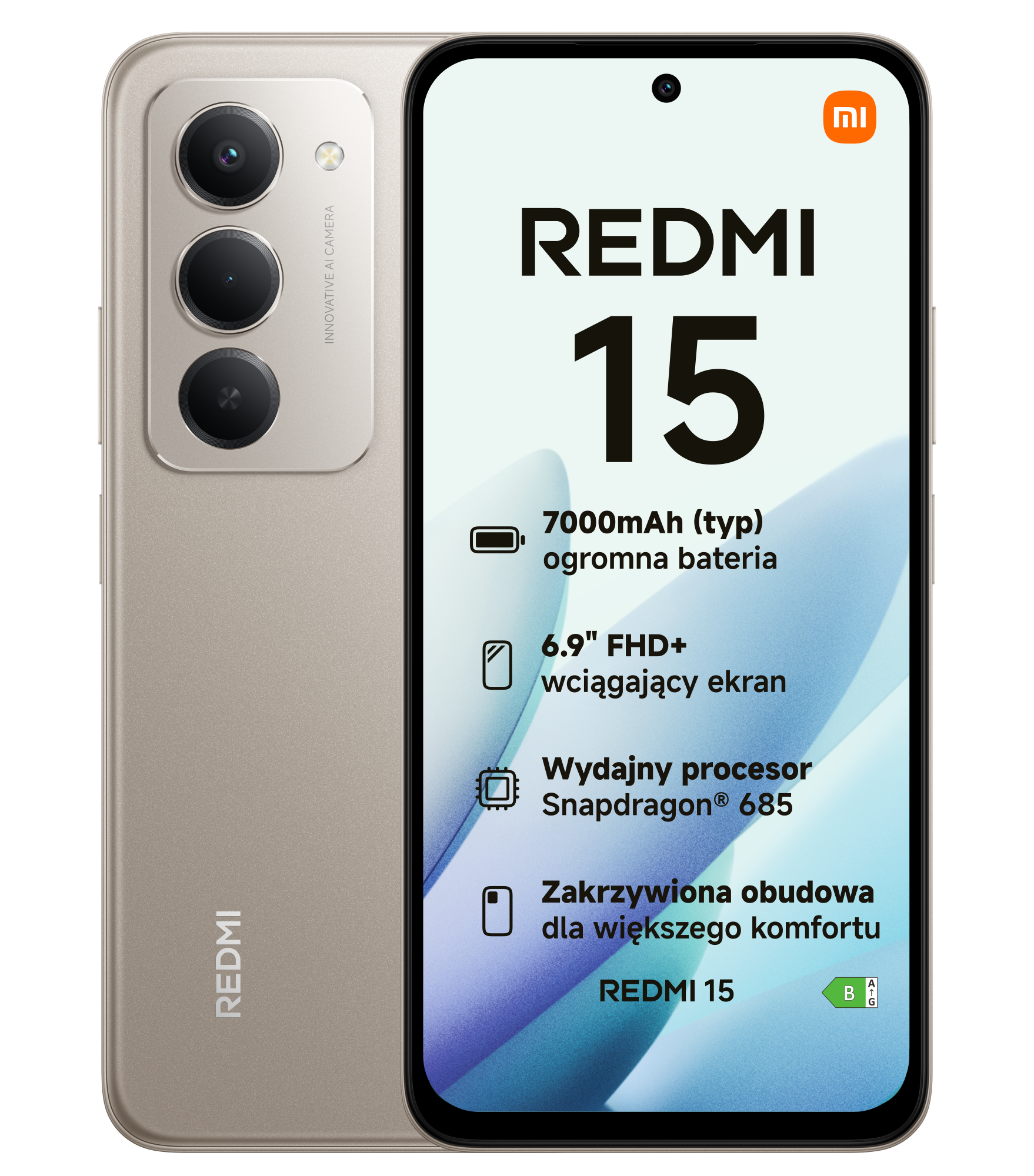Złoty telefon Redmi 15. Ekran wyświetla funkcje i specyfikacje. Posiada trzy tylne aparaty i przedni aparat.