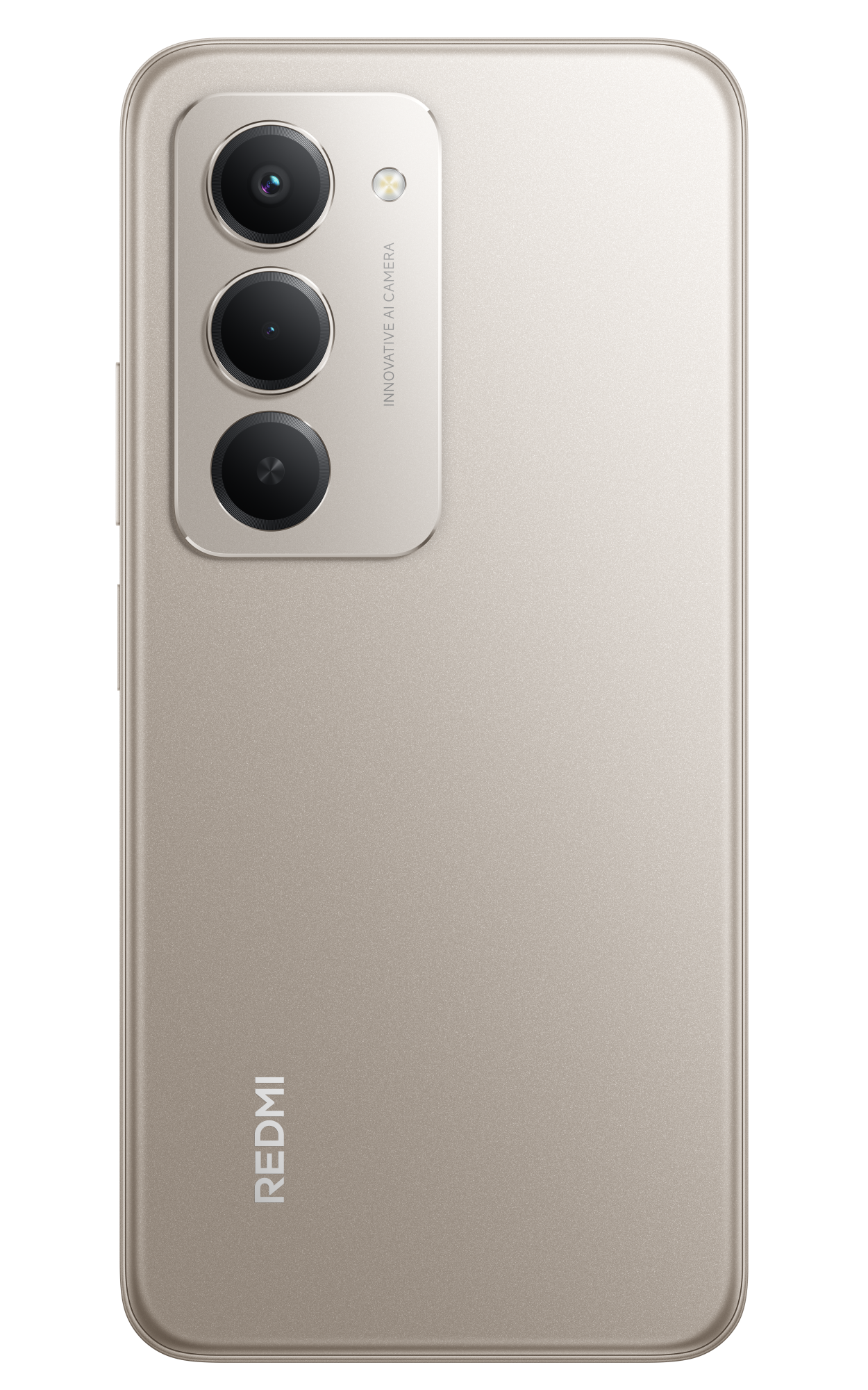 Beżowa tylna strona smartfona z trzema obiektywami aparatu i napisem REDMI. Telefon jest na czarnym tle.