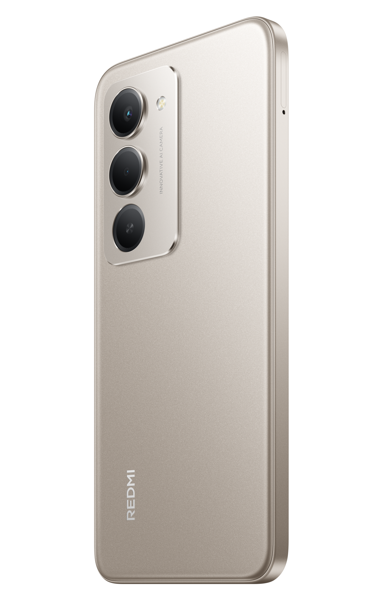 Złoty tył smartfona, trzy obiektywy aparatu. Logo 'REDMI' na dole. Tekst 'Innovative AI Camera'. Czarne tło.