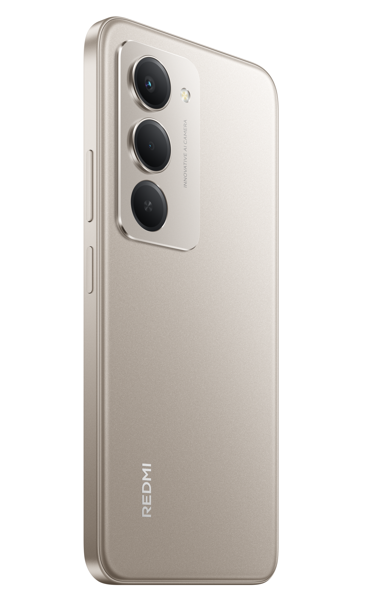 Złoty smartfon z trzema aparatami, bocznymi przyciskami i napisem REDMI. Czarne tło.