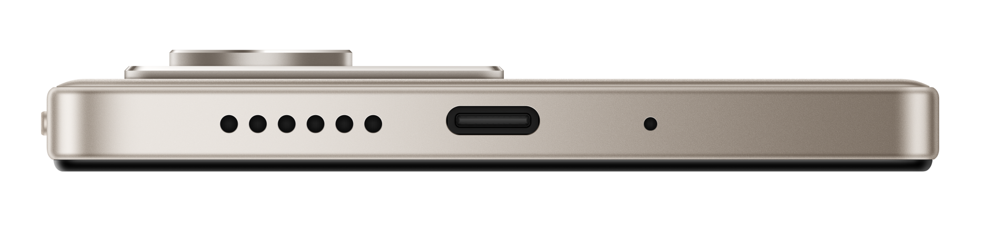 Widok z boku metalowego telefonu. Ma wybrzuszenie aparatu, otwory głośników, port USB-C i otwór mikrofonu.