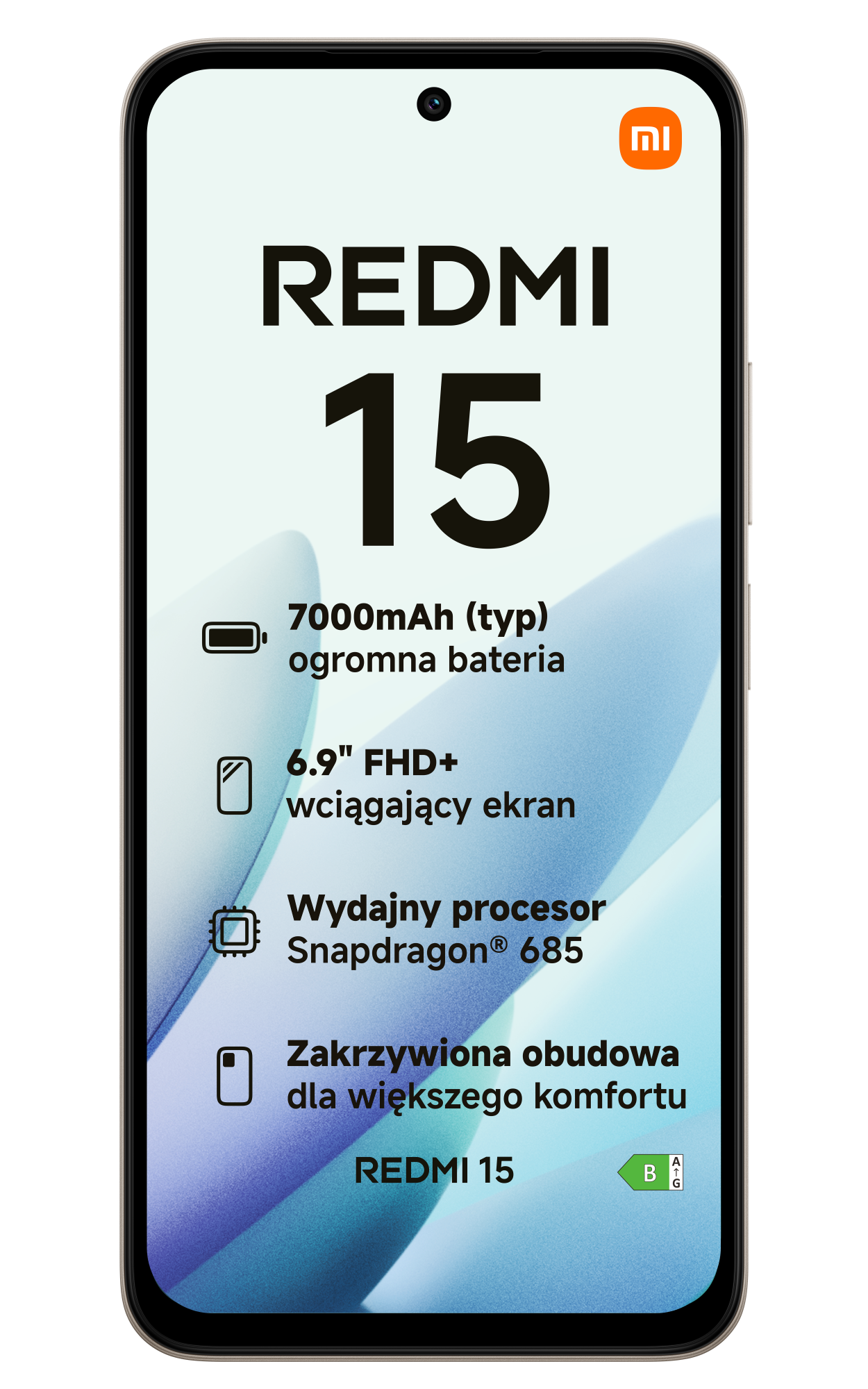 Ekran smartfona wyświetla 'REDMI 15' ze specyfikacjami, w tym baterią, rozmiarem ekranu, procesorem i zakrzywioną obudową. Czarne tło.