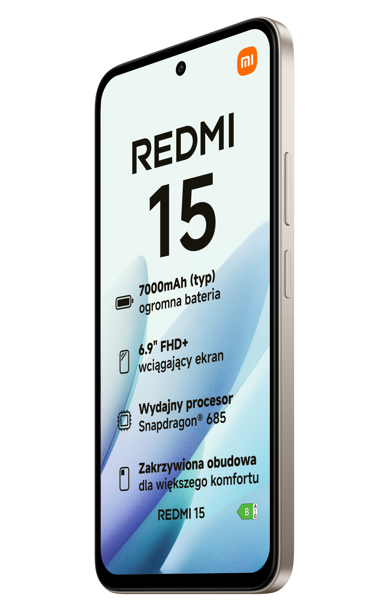 Wyświetlany jest smartfon Redmi 15. Funkcje obejmują dużą baterię, zakrzywiony ekran i procesor Snapdragon. Ekran wyświetla tekst.