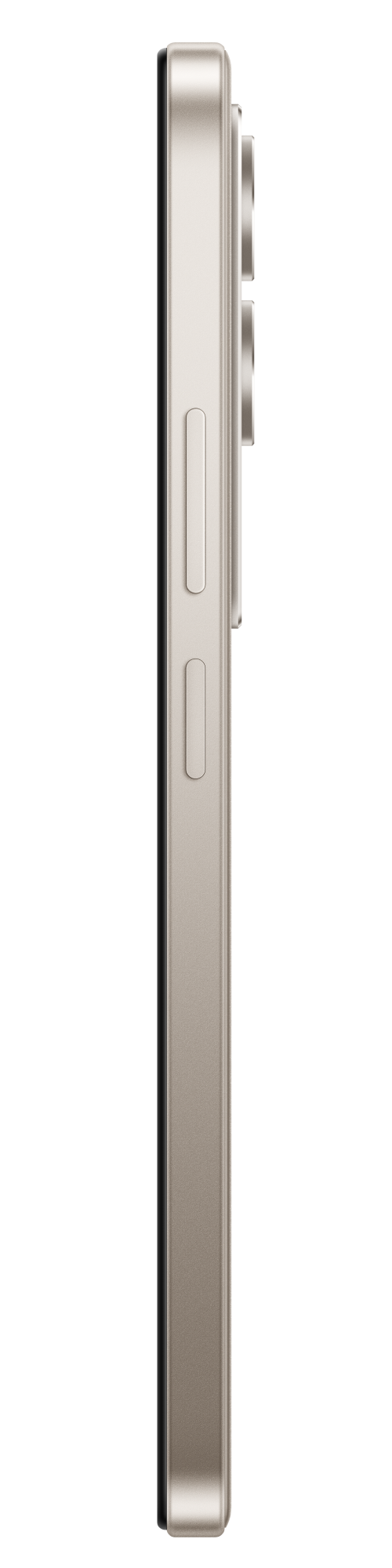 Widok z boku beżowego smartfona na czarnym tle. Pokazuje przyciski, aparat i ramkę boczną.