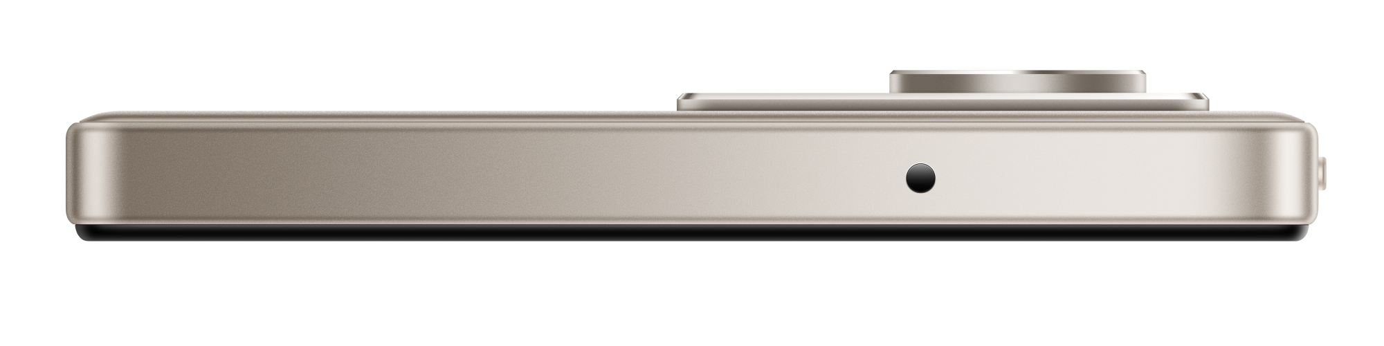 Widok z boku beżowego urządzenia. Widoczna czarna kropka i srebrny przycisk. Tło jest czarne.