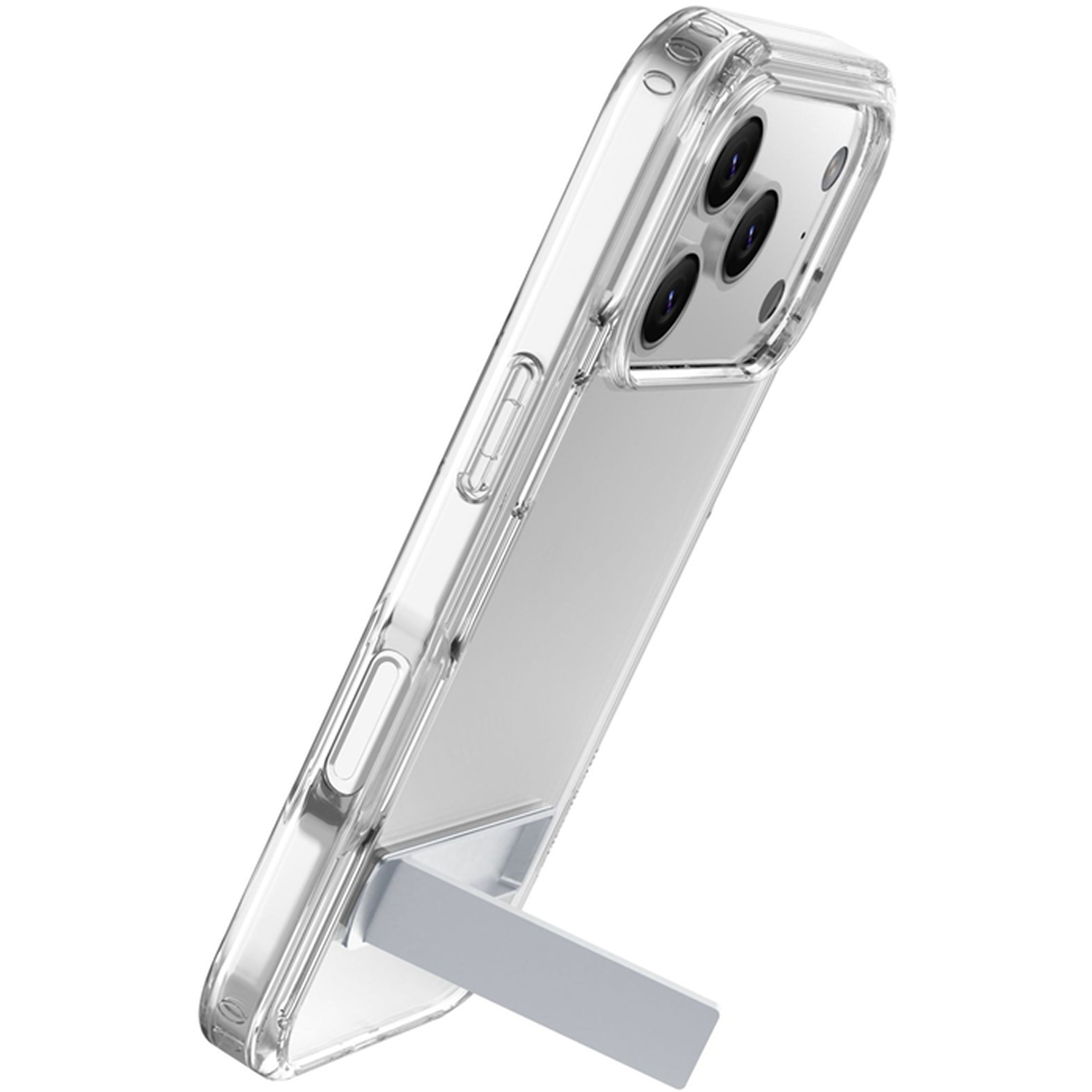 Funda transparente para teléfono con soporte plateado. El teléfono tiene varias cámaras. La funda es transparente, mostrando el teléfono.