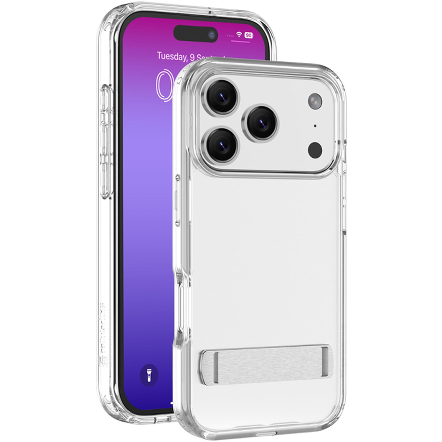 Un iPhone en una funda transparente. El teléfono muestra la hora. La funda tiene un soporte.