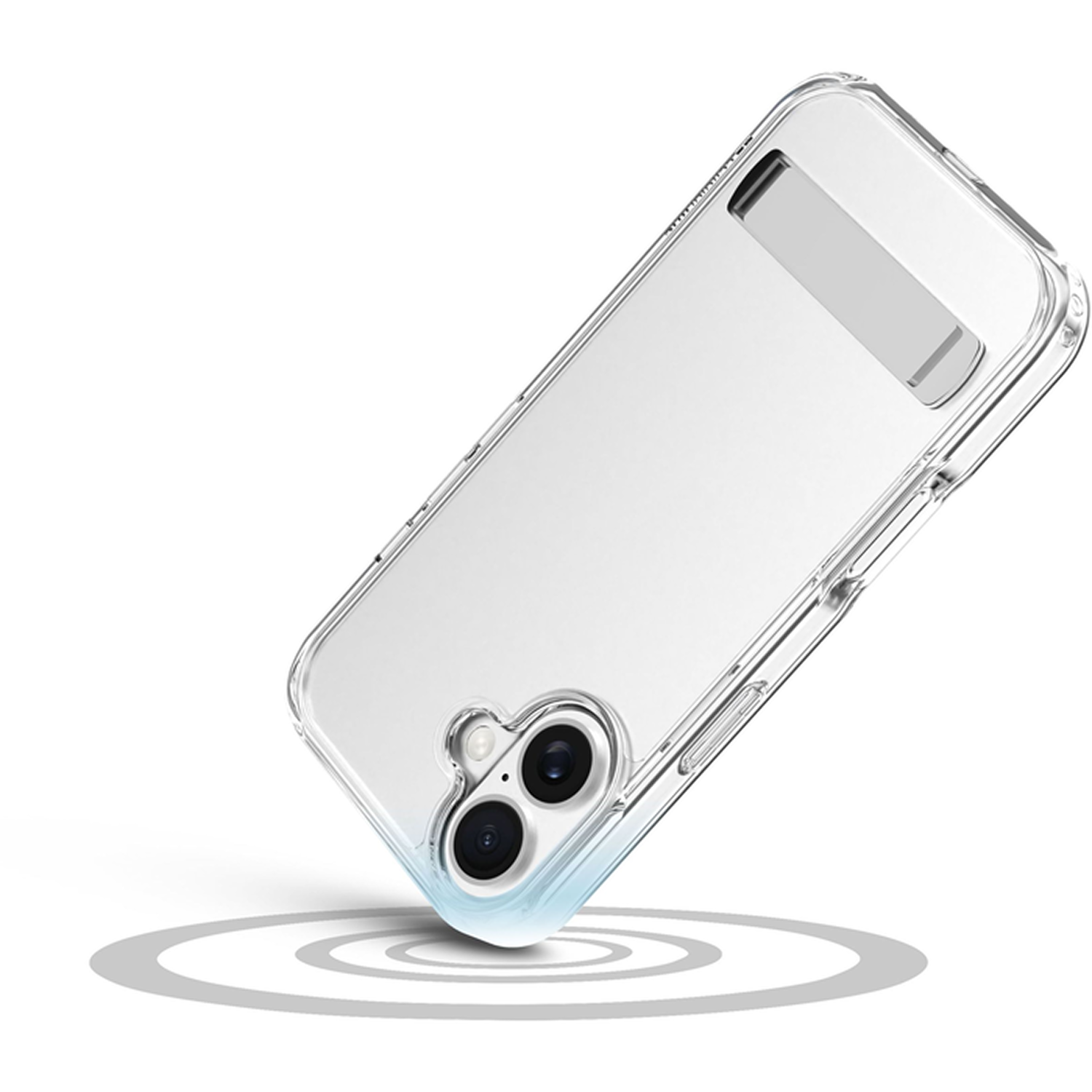 Funda transparente para teléfono con soporte, en ángulo sobre blanco. La funda tiene recortes para la cámara y descansa sobre círculos.
