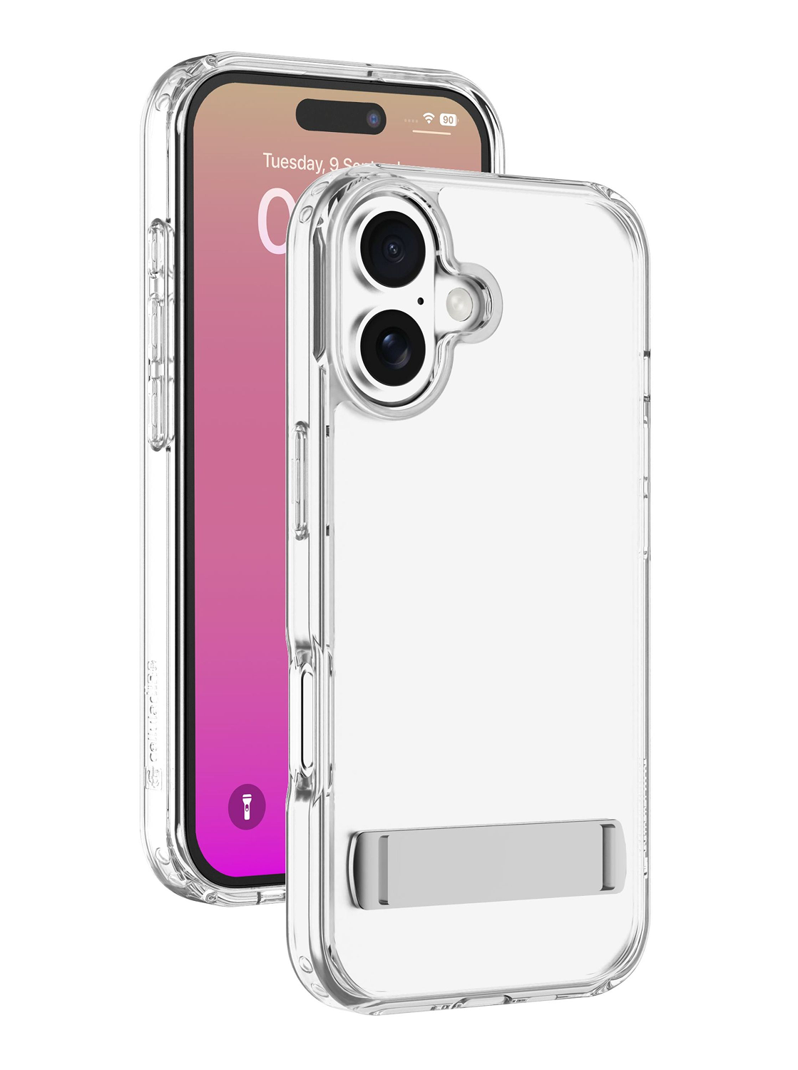 Una funda transparente para teléfono con soporte. Un iPhone está dentro de la funda, mostrando la fecha. El fondo es blanco.