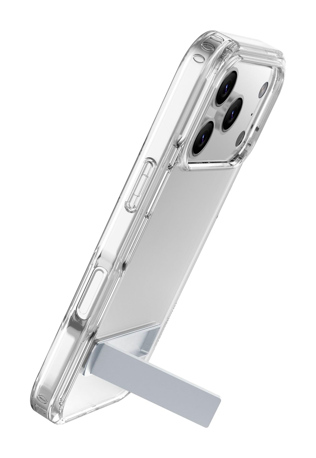 Una funda transparente para teléfono con un soporte plateado. La funda está en ángulo, mostrando las lentes de la cámara. Fondo blanco.