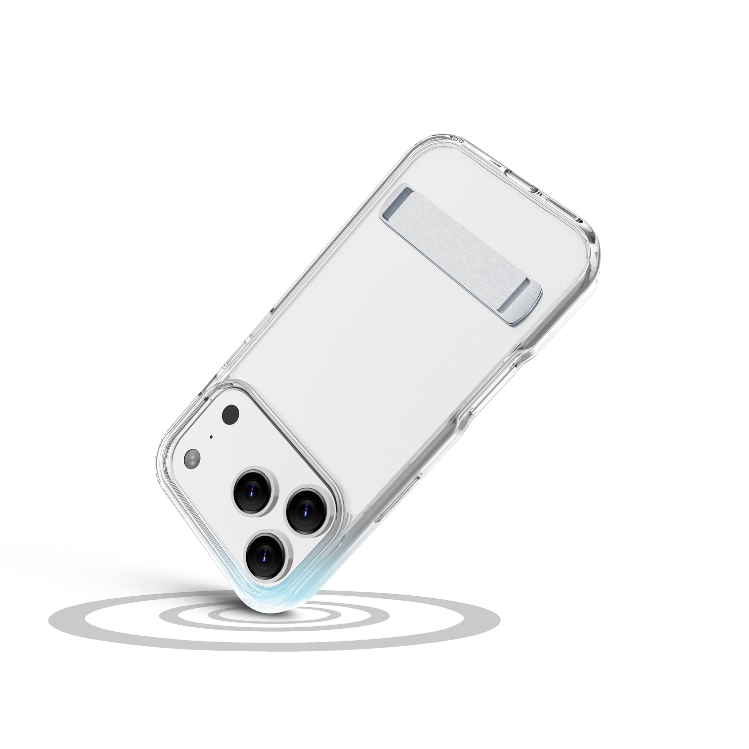 Funda transparente con soporte, en ángulo sobre fondo blanco. La funda tiene recorte para cámara de triple lente.