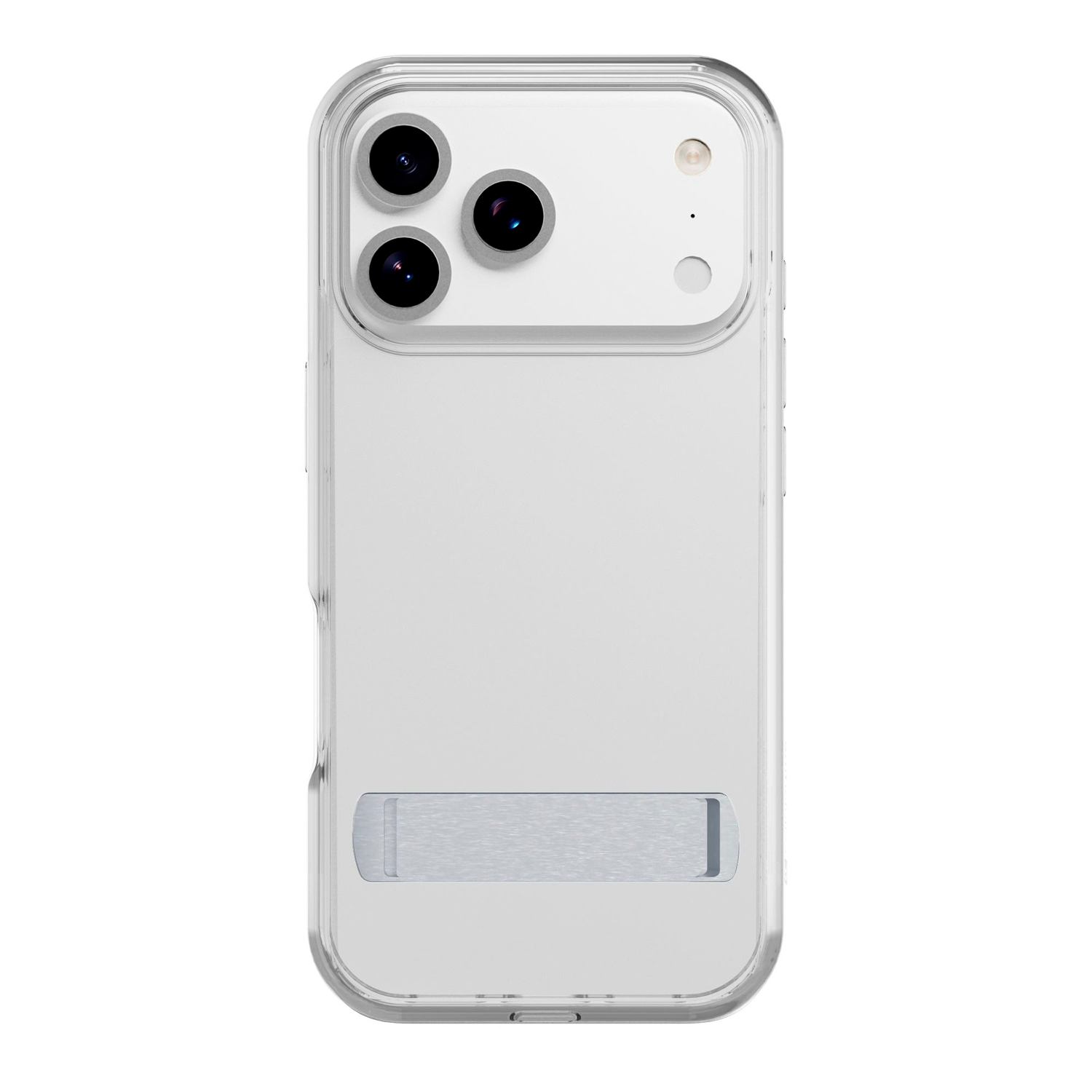 Funda transparente para teléfono con tres lentes de cámara, flash y soporte. El teléfono es blanco.