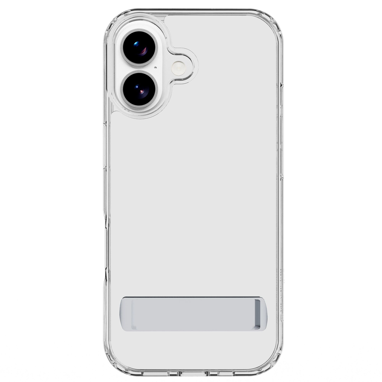 Funda transparente para teléfono con dos lentes de cámara y un soporte en un fondo blanco.