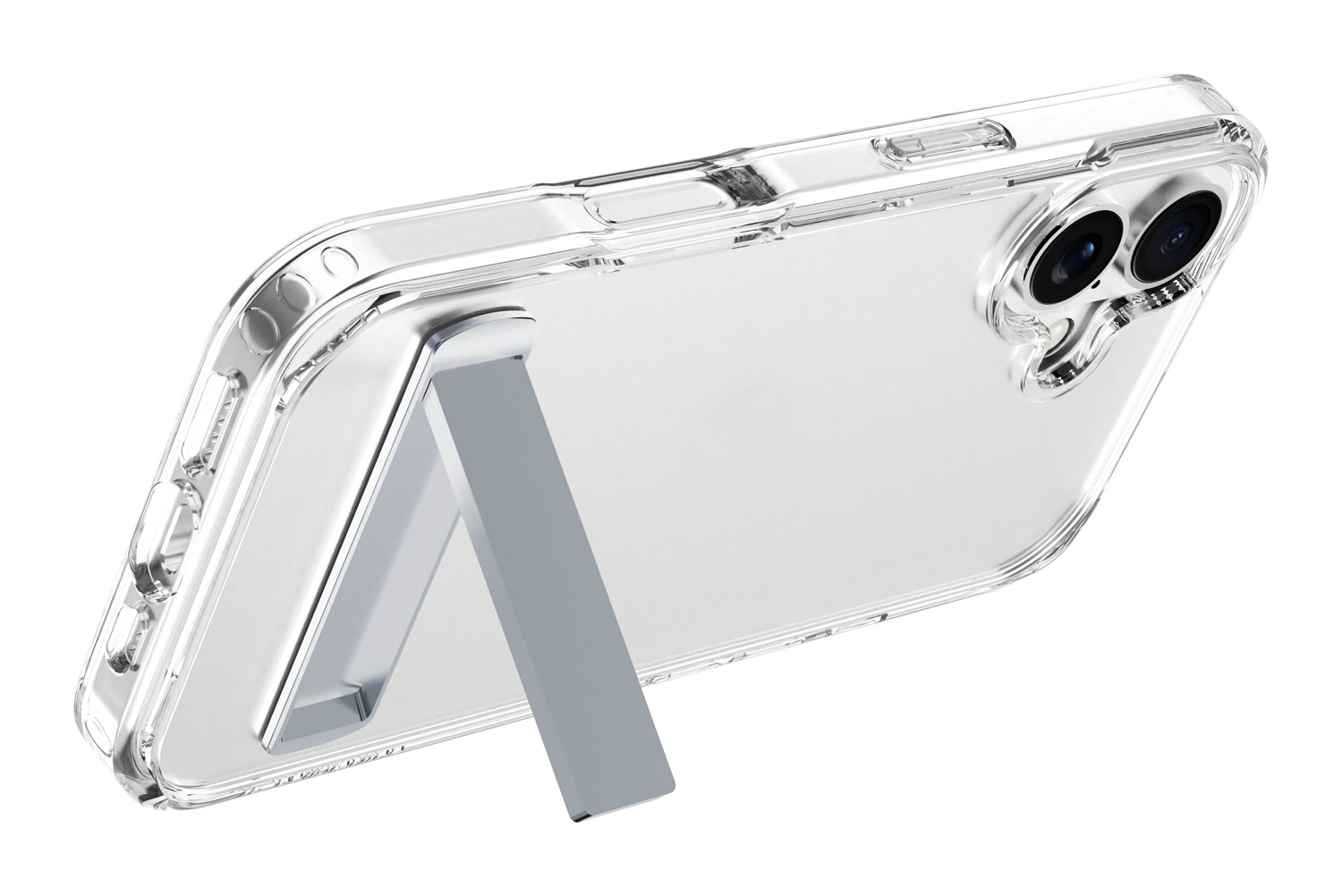 Funda transparente para teléfono con soporte incorporado. La funda es transparente y el soporte plateado. La cámara es visible.