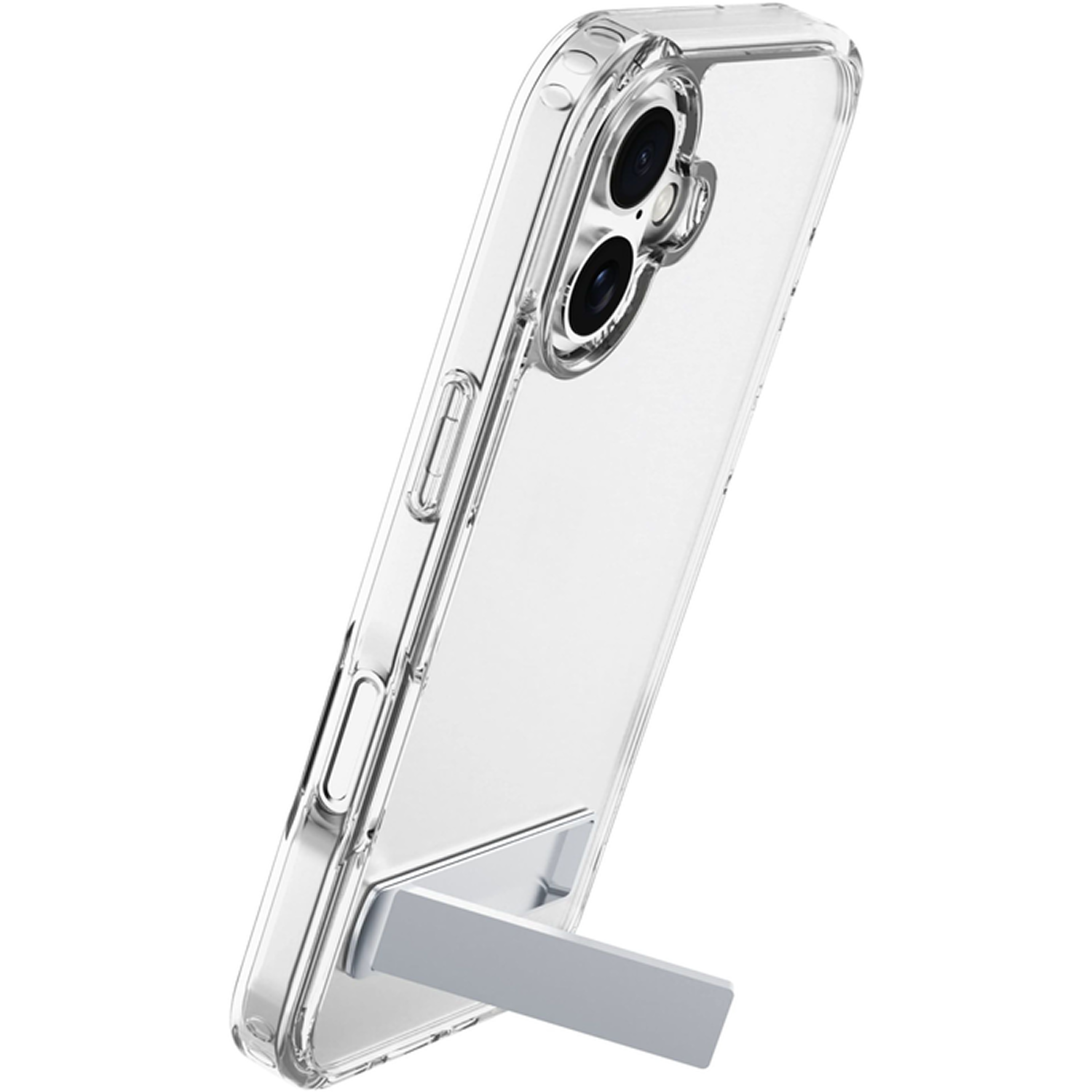 Funda transparente para teléfono con soporte. La funda tiene un recorte para la cámara. Un soporte gris está adjunto en la parte inferior.