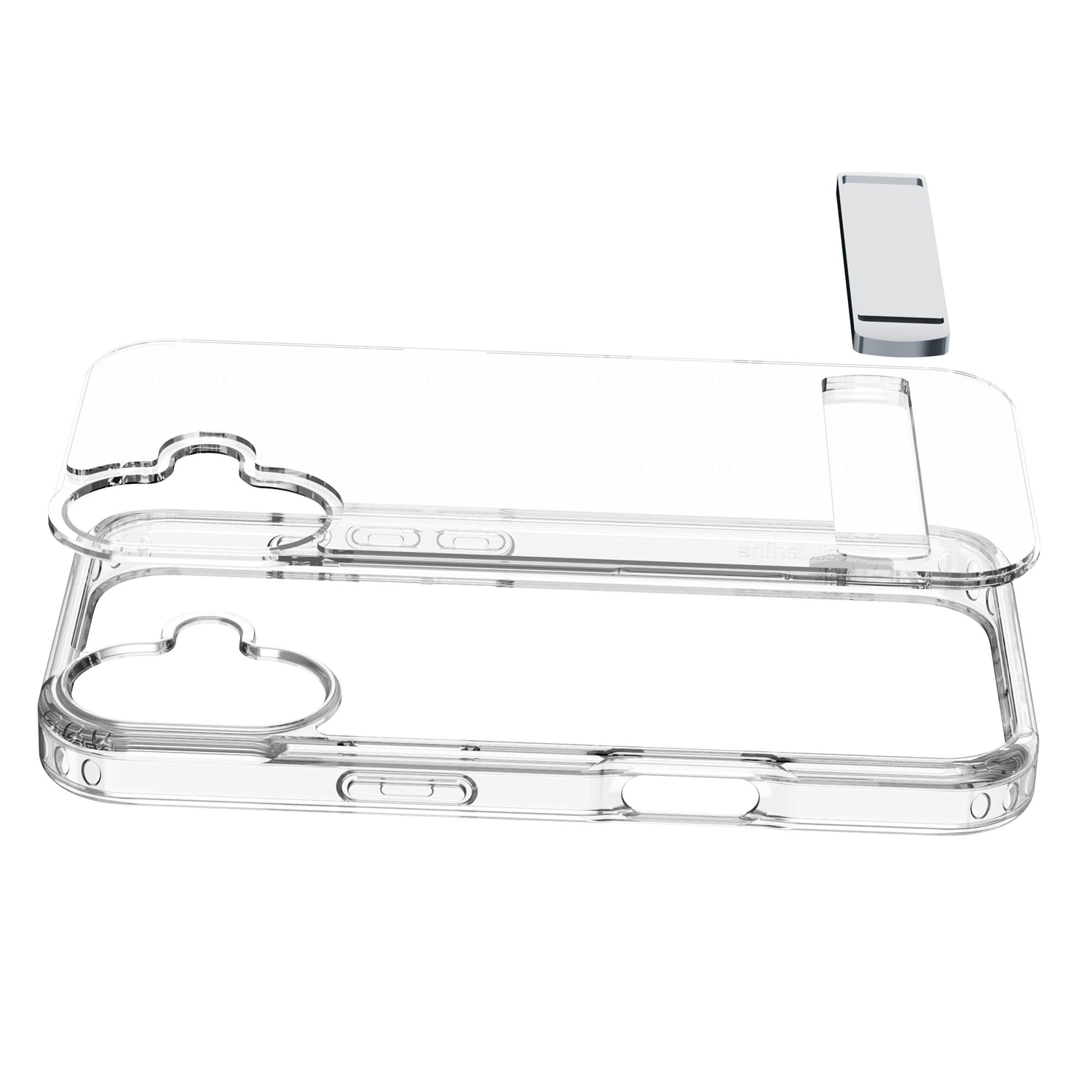 Funda transparente para teléfono con soporte. La funda es transparente, mostrando la forma del teléfono. Un soporte plateado desmontado está arriba.