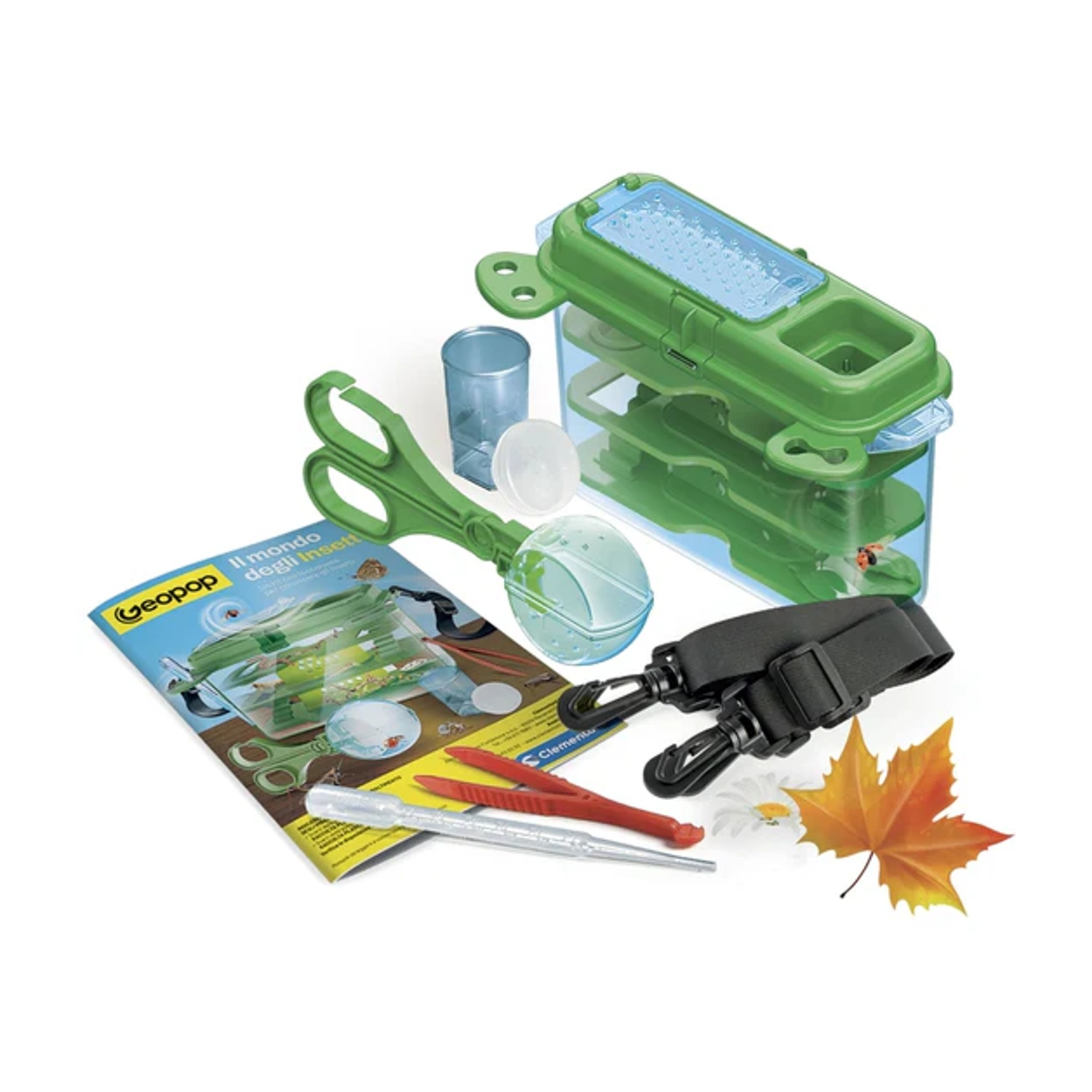 Un kit per l'osservazione degli insetti. Include un contenitore verde, forbici, pinzette, una lente d'ingrandimento, un cinturino e una foglia.