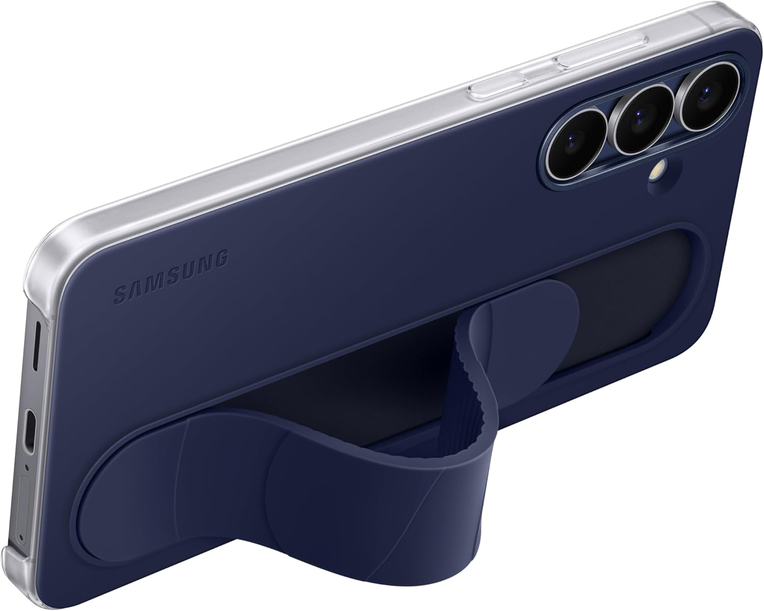 Marineblaue Samsung-Handyhülle mit Ständer. Die Hülle hat einen silbernen Rand und eine Kamera mit drei Linsen.