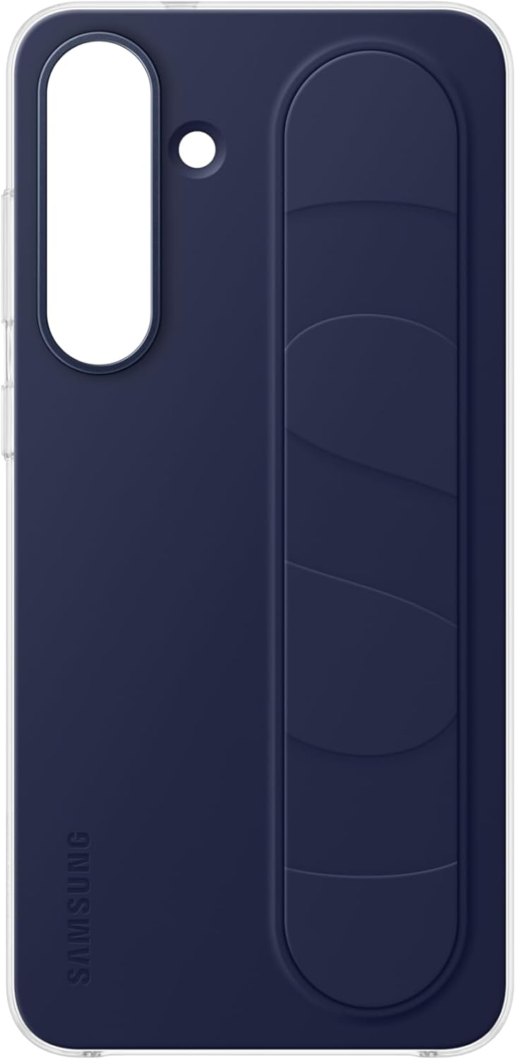 Marineblaue Handyhülle mit Ständer. Die Hülle hat eine Öffnung für die Kamera und einen Ständer an der Seite. Das Samsung-Logo ist sichtbar.