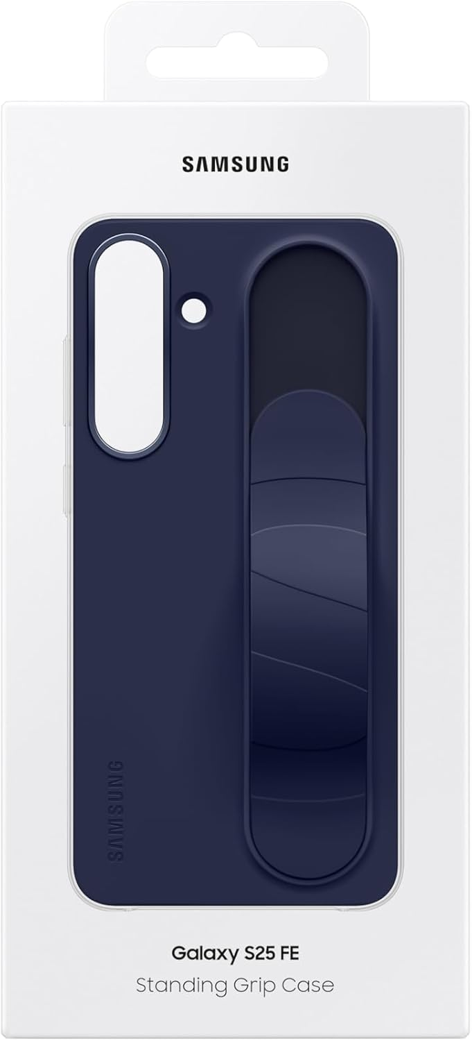 Samsung Galaxy S25 FE Stand-Griff-Hülle. Marineblaue Hülle mit integriertem Griff. Weiße Verpackung mit Samsung-Logo.