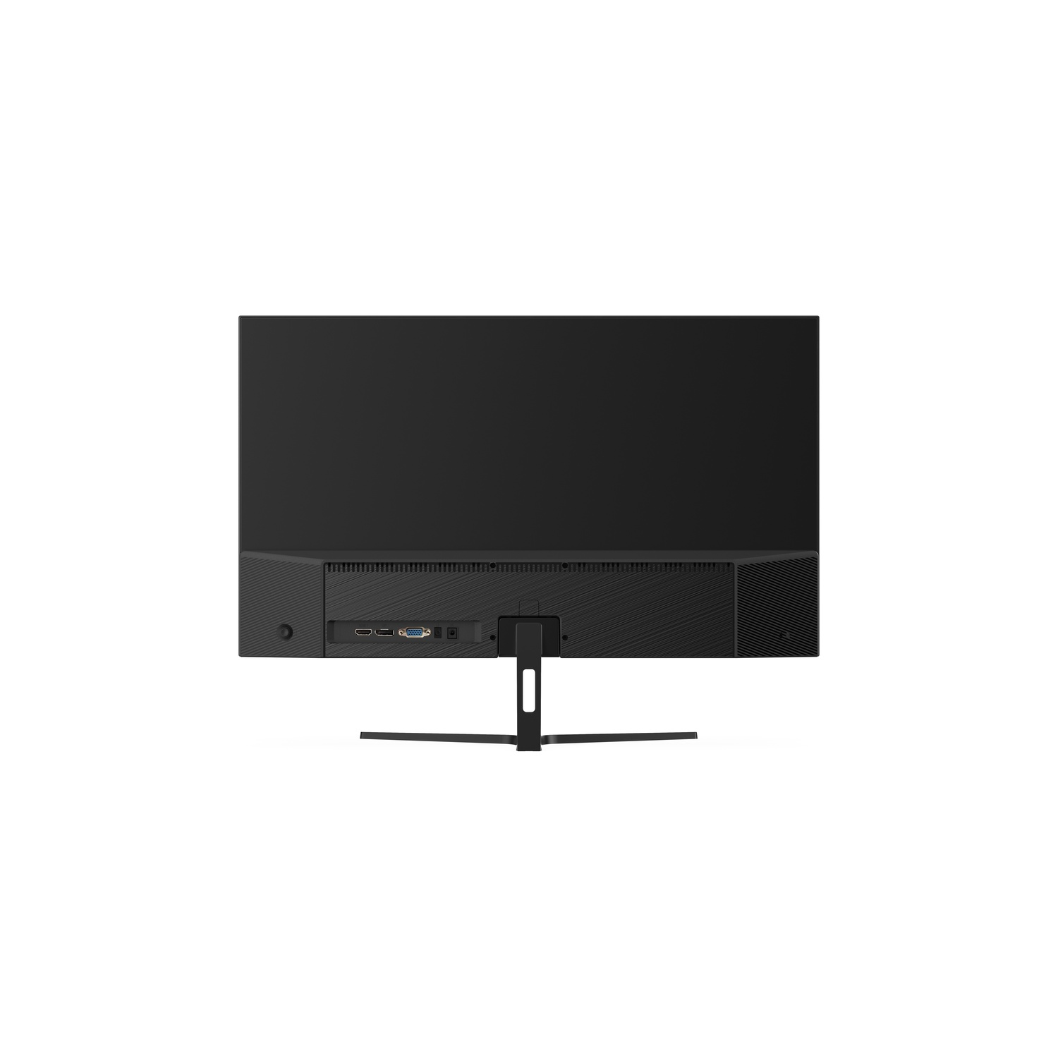 Un écran d'ordinateur noir, vu de dos, avec des ports et un support sur fond blanc.