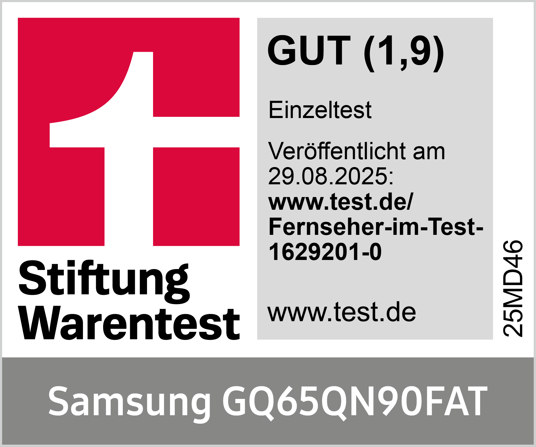 Das Bild zeigt ein 'Stiftung Warentest'-Logo mit der Bewertung 'GUT (1,9)'. Es zeigt auch das Modell 'Samsung GQ65QN90FAT'.