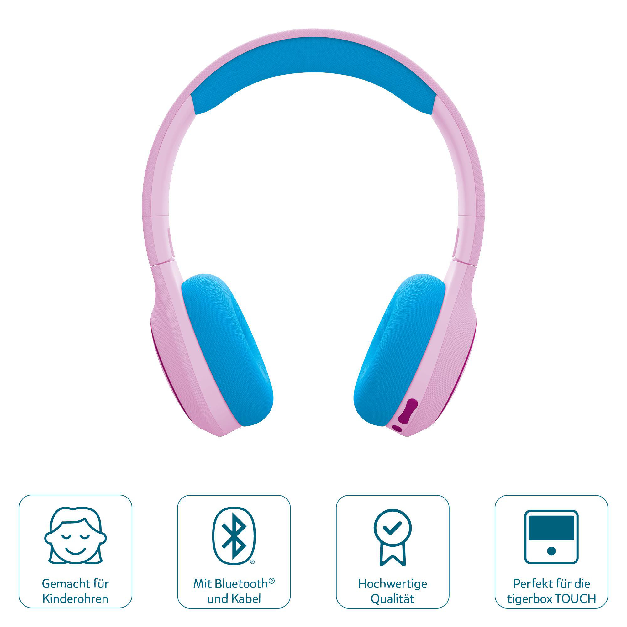 Rosa-blaue Kopfhörer für Kinder. Symbole zeigen Bluetooth, Qualität und Eignung für tigerbox TOUCH.
