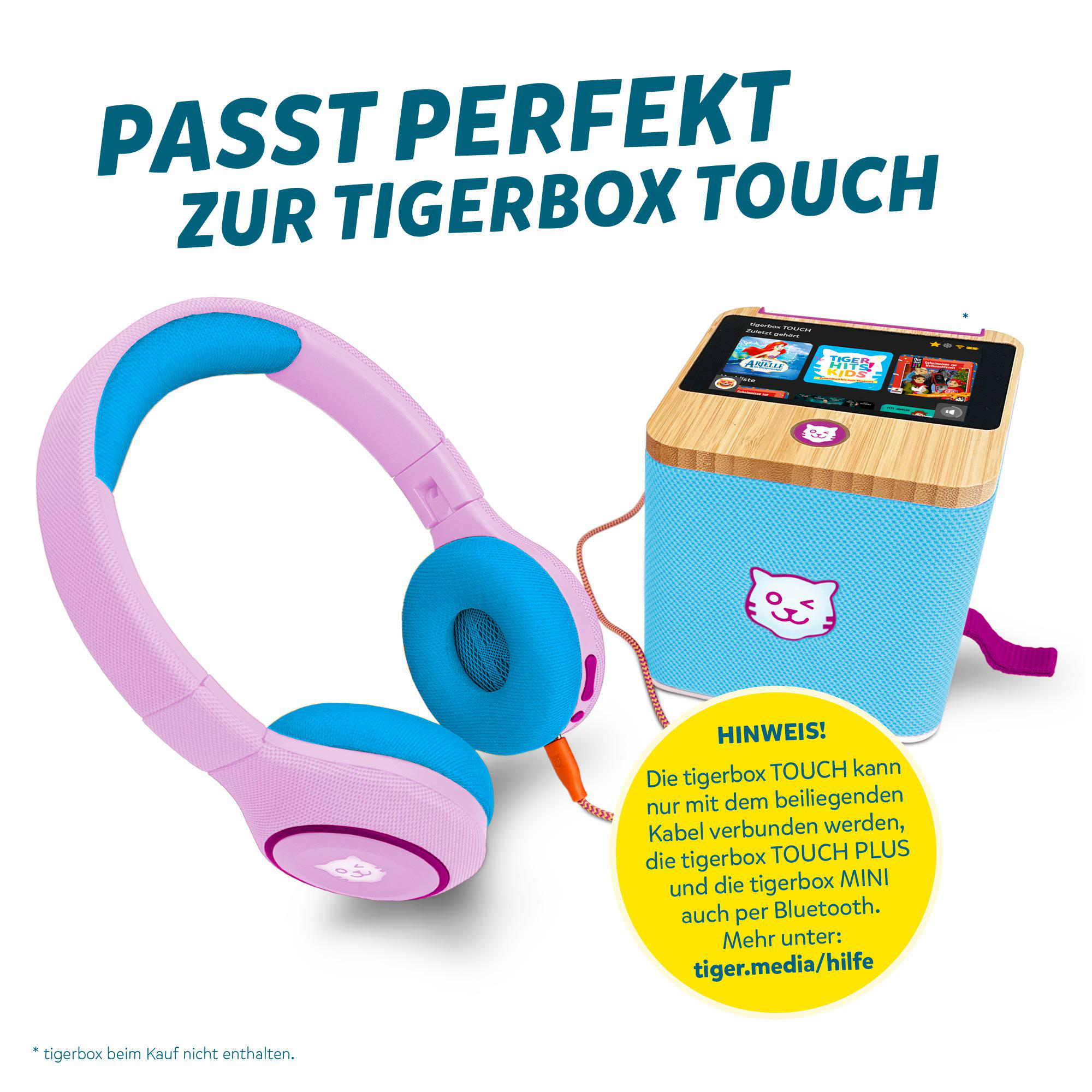 Pinke Kopfhörer und ein blauer Lautsprecher mit Bildschirm, plus Text: PASST PERFEKT ZUR TIGERBOX TOUCH.