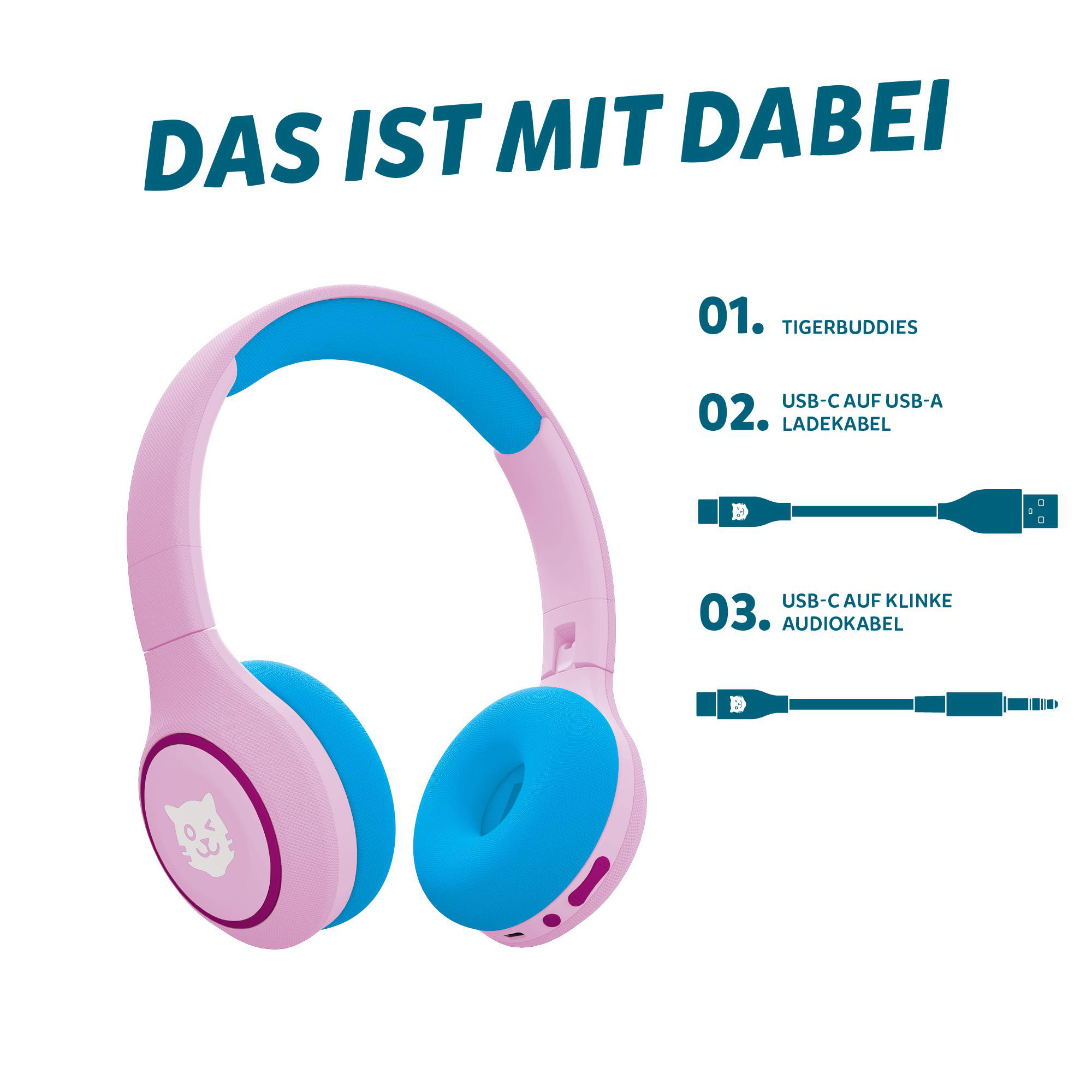 Rosa-blaue Kopfhörer mit Zubehör: USB-C-zu-USB-A-Kabel und USB-C-zu-Audio-Klinke-Kabel. Weißer Hintergrund.