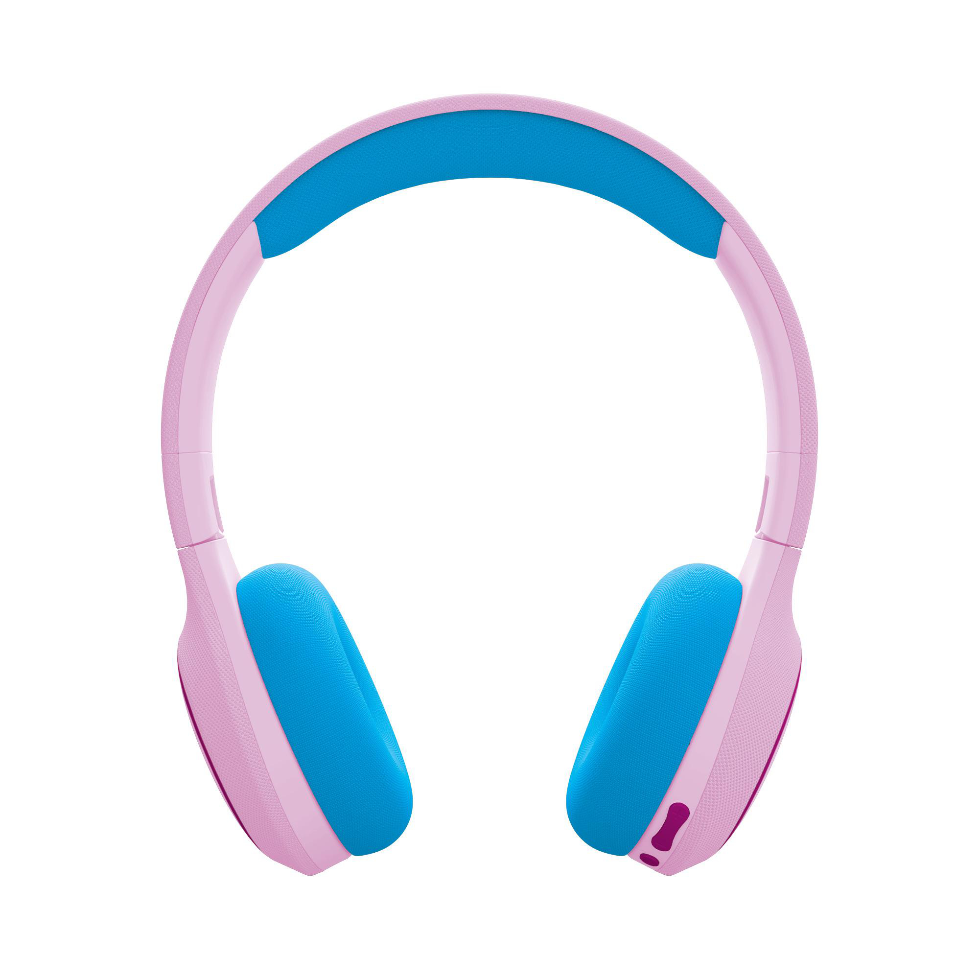 Rosa und blaue Kopfhörer. Das Stirnband ist rosa mit einem blauen Kissen. Ohrmuscheln sind blau und rosa mit Bedientasten.