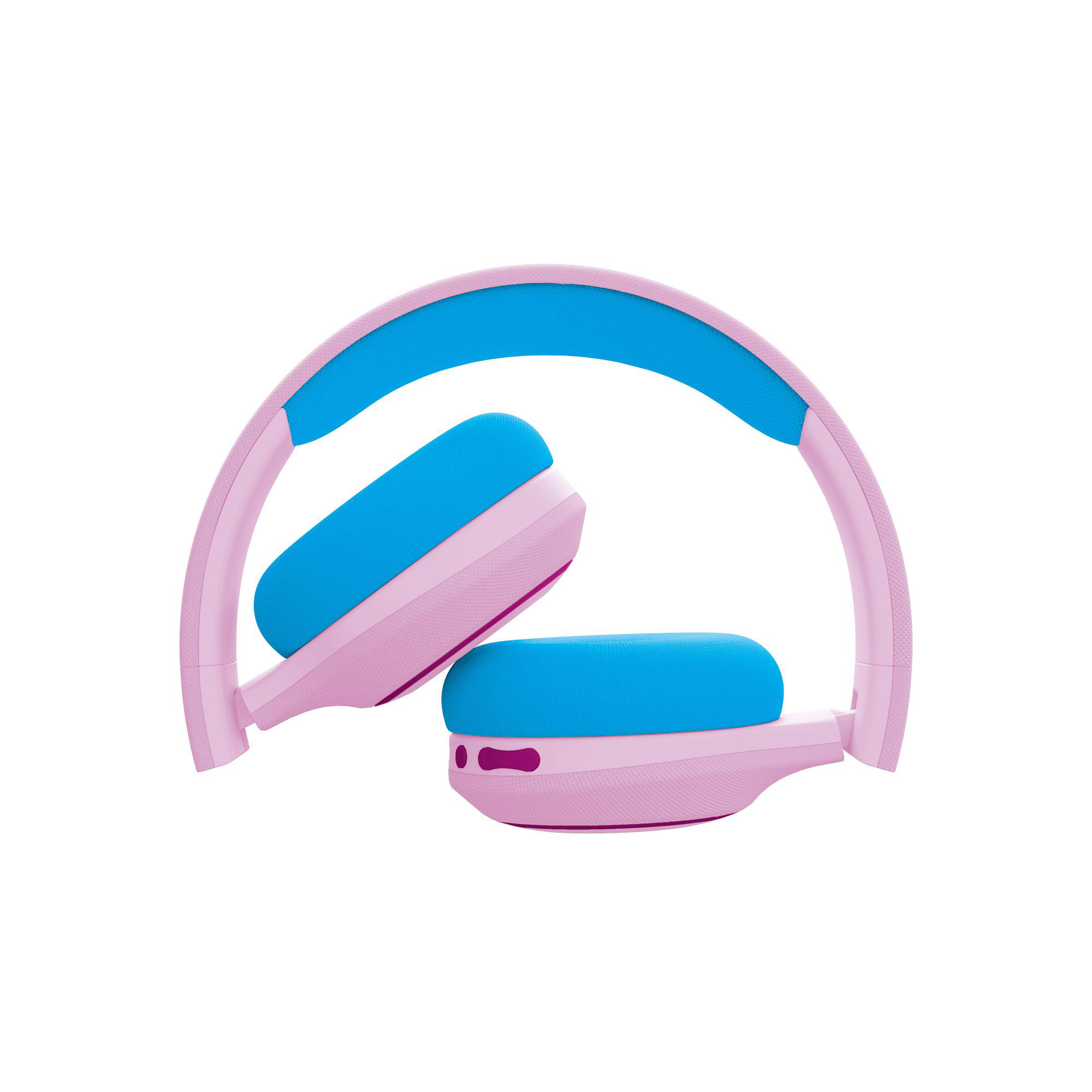 Rosa und blaue Kopfhörer, zusammengeklappt. Blaue Ohrmuscheln und Kopfbandpolsterung. Rosa Rahmen. Weißer Hintergrund.