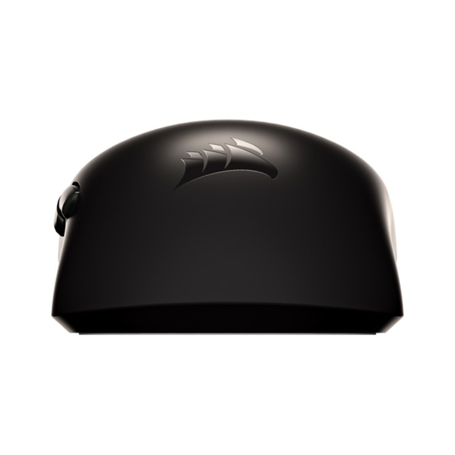 Un mouse nero per computer con il logo Corsair, una barca a vela stilizzata. Il mouse è su sfondo bianco.