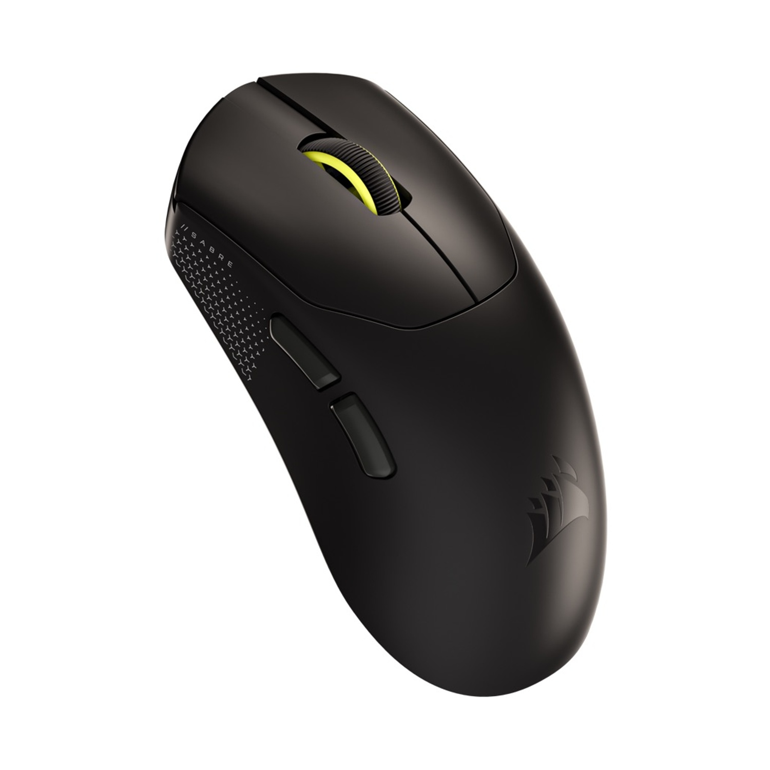 Un mouse nero con rotella gialla e pulsanti laterali. Il logo Corsair è visibile.