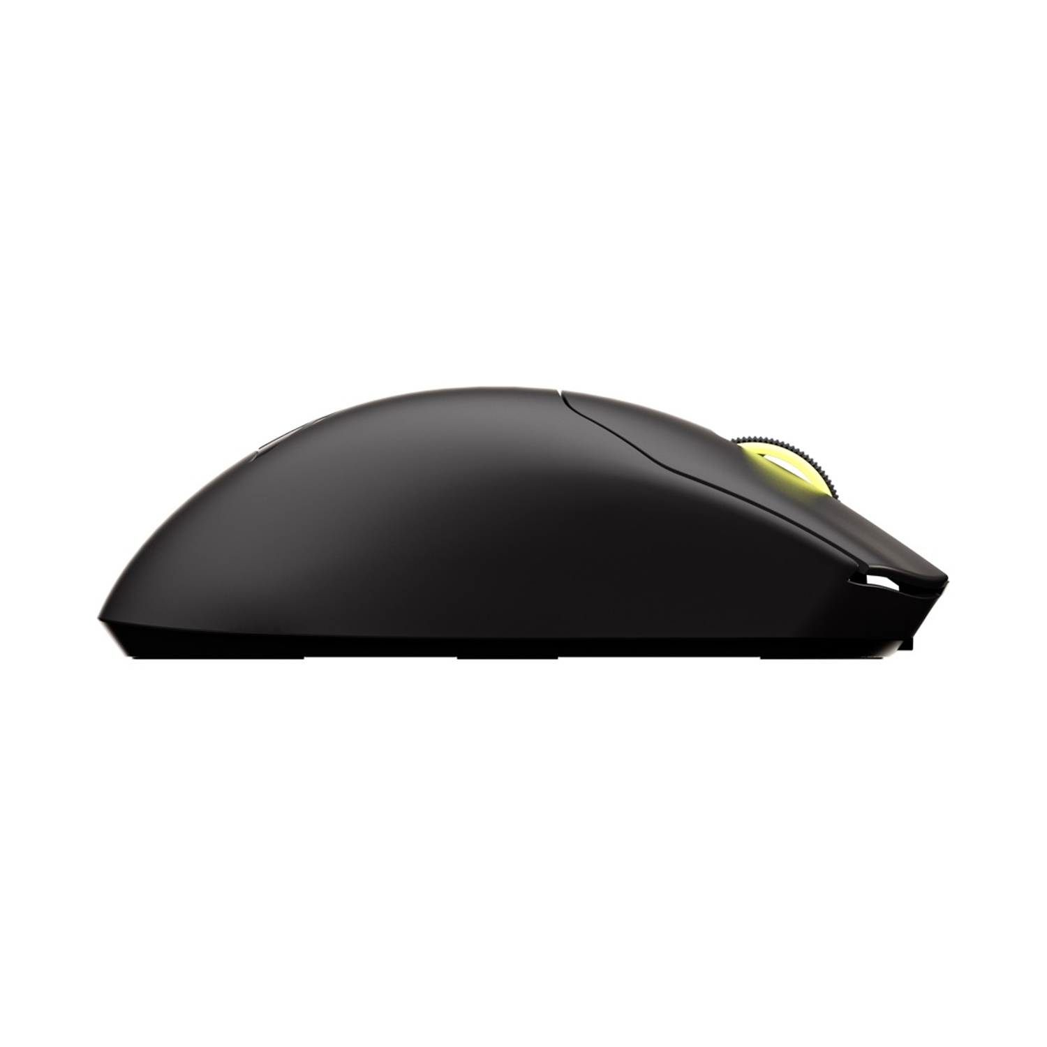 Vista laterale di un mouse nero con rotella gialla. Lo sfondo è bianco.