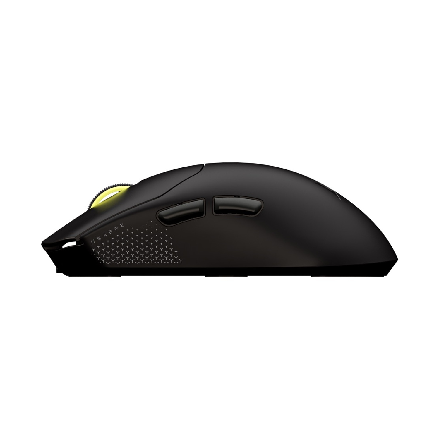 Un mouse nero con una rotella gialla. Ha due pulsanti laterali e la scritta // SABRE sul lato.