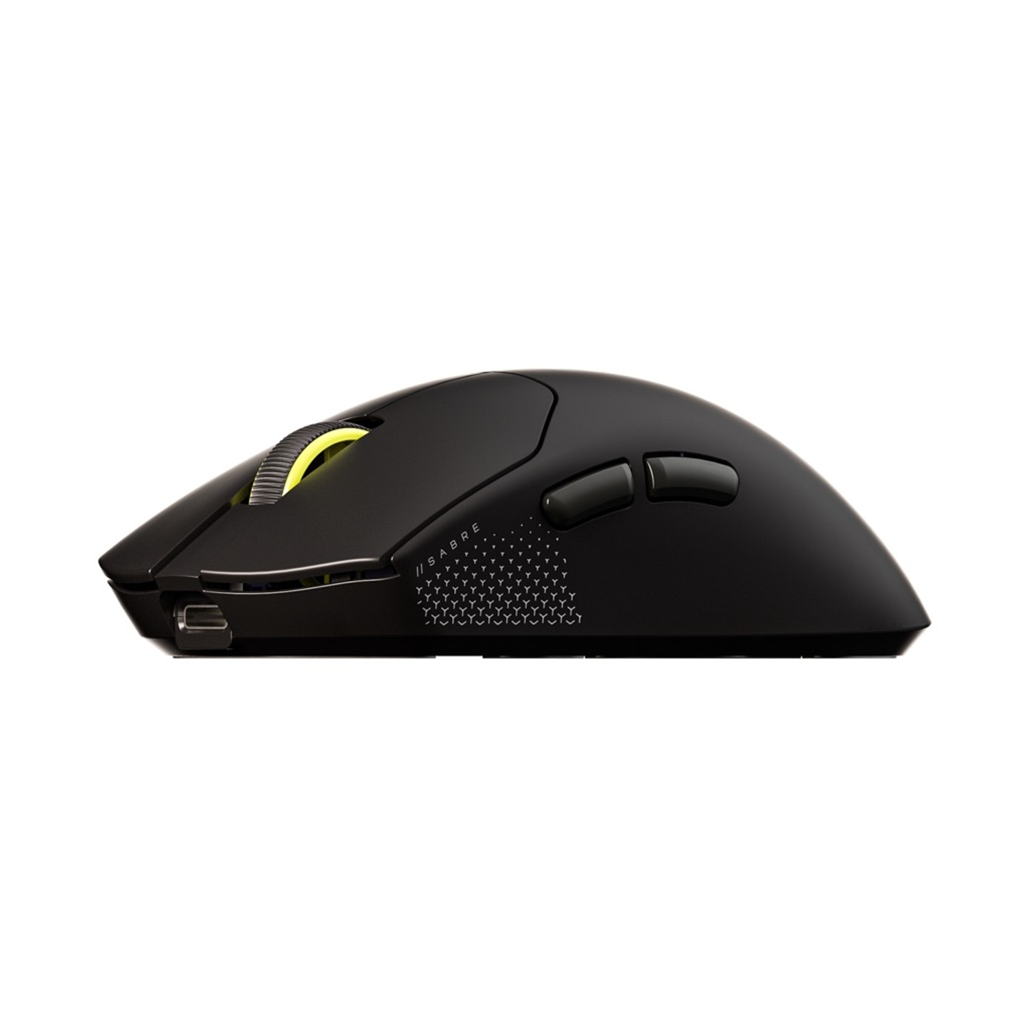 Un mouse per computer nero con una rotella di scorrimento gialla. Il mouse ha due pulsanti laterali e un motivo a nido d'ape.