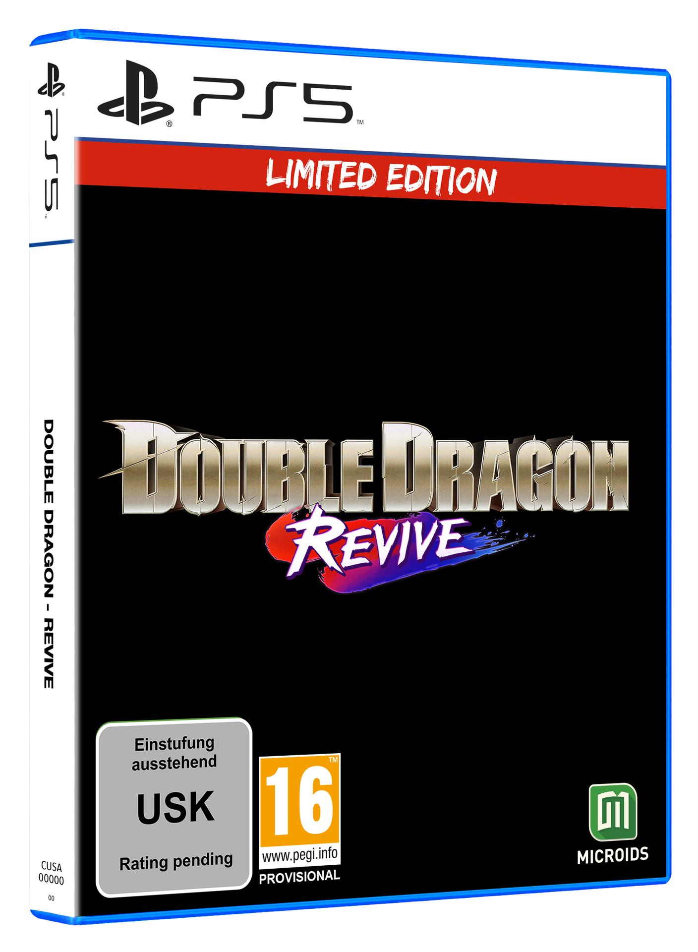 Pudełko gry PS5. Tytuł to Double Dragon Revive, Limited Edition. Zawiera ocenę USK 16. Czarne tło z białym i czerwonym tekstem.